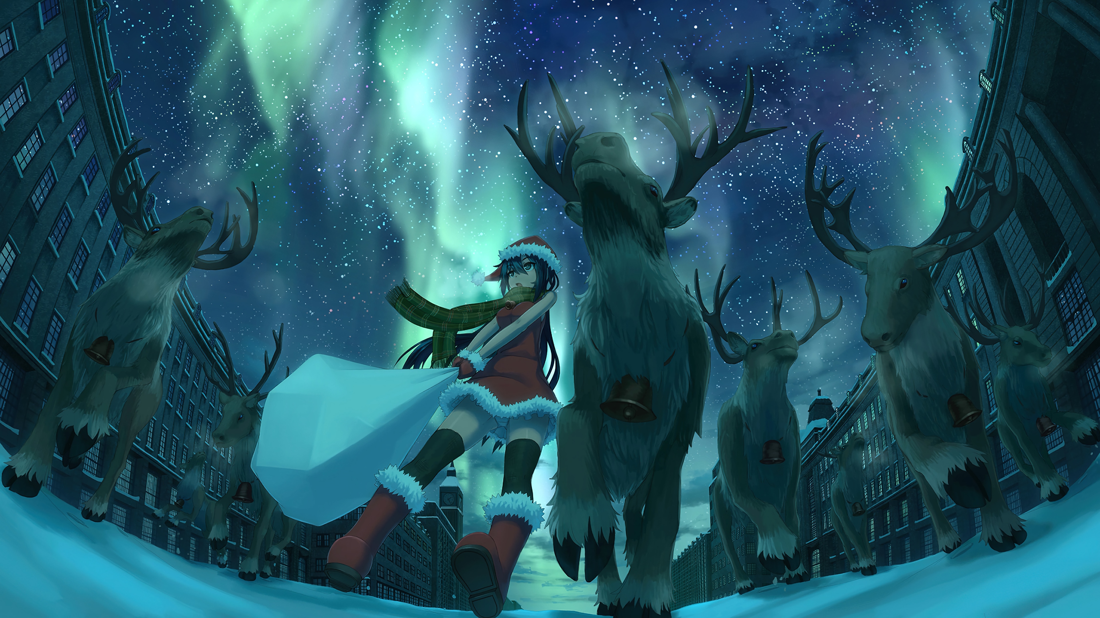 Anime Girl in Santa Outfit with Reindeer Under Northern Lights 4K HD Wallpaper