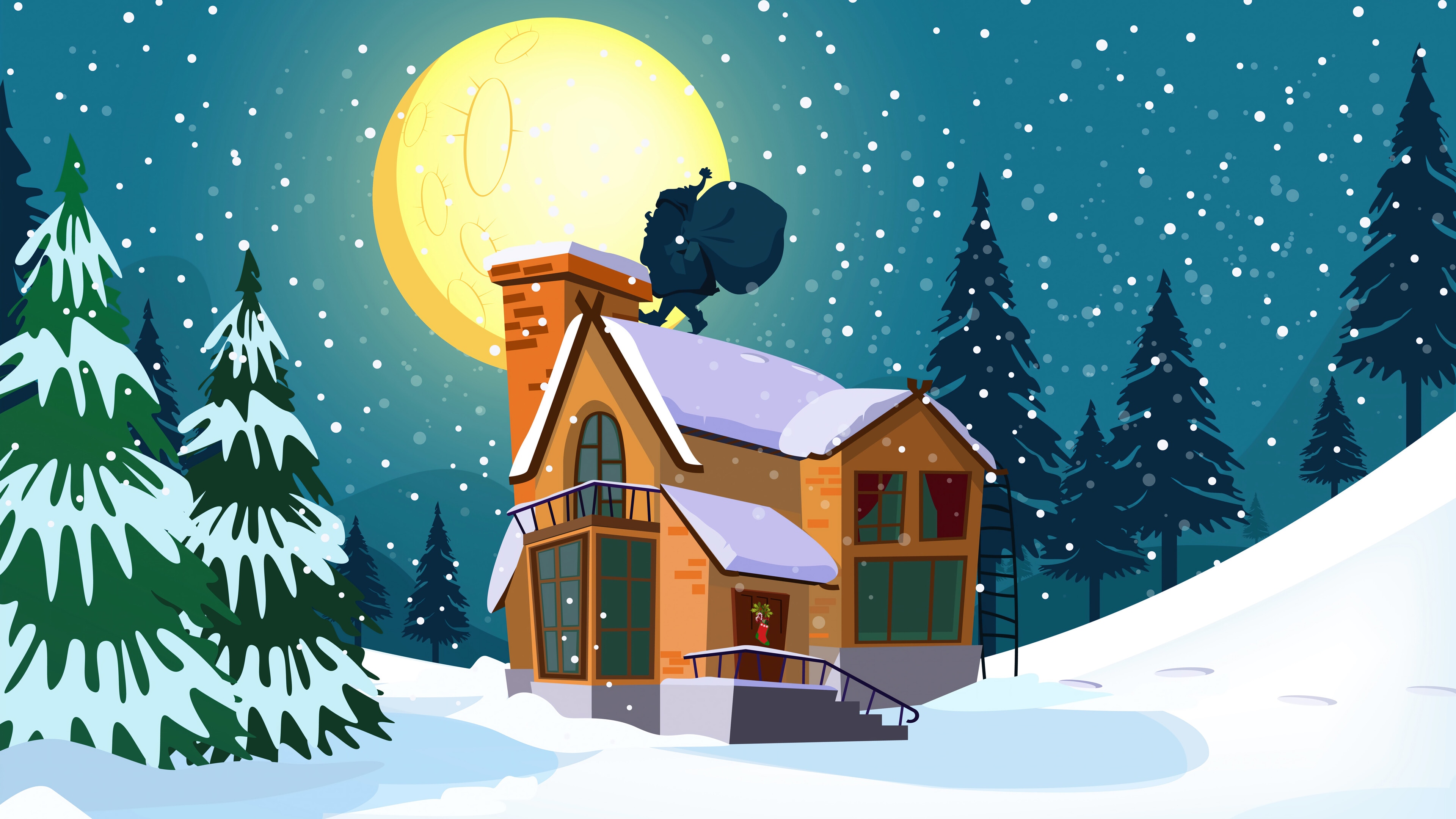 Santa Claus on a snowy house roof at night HD Wallpaper