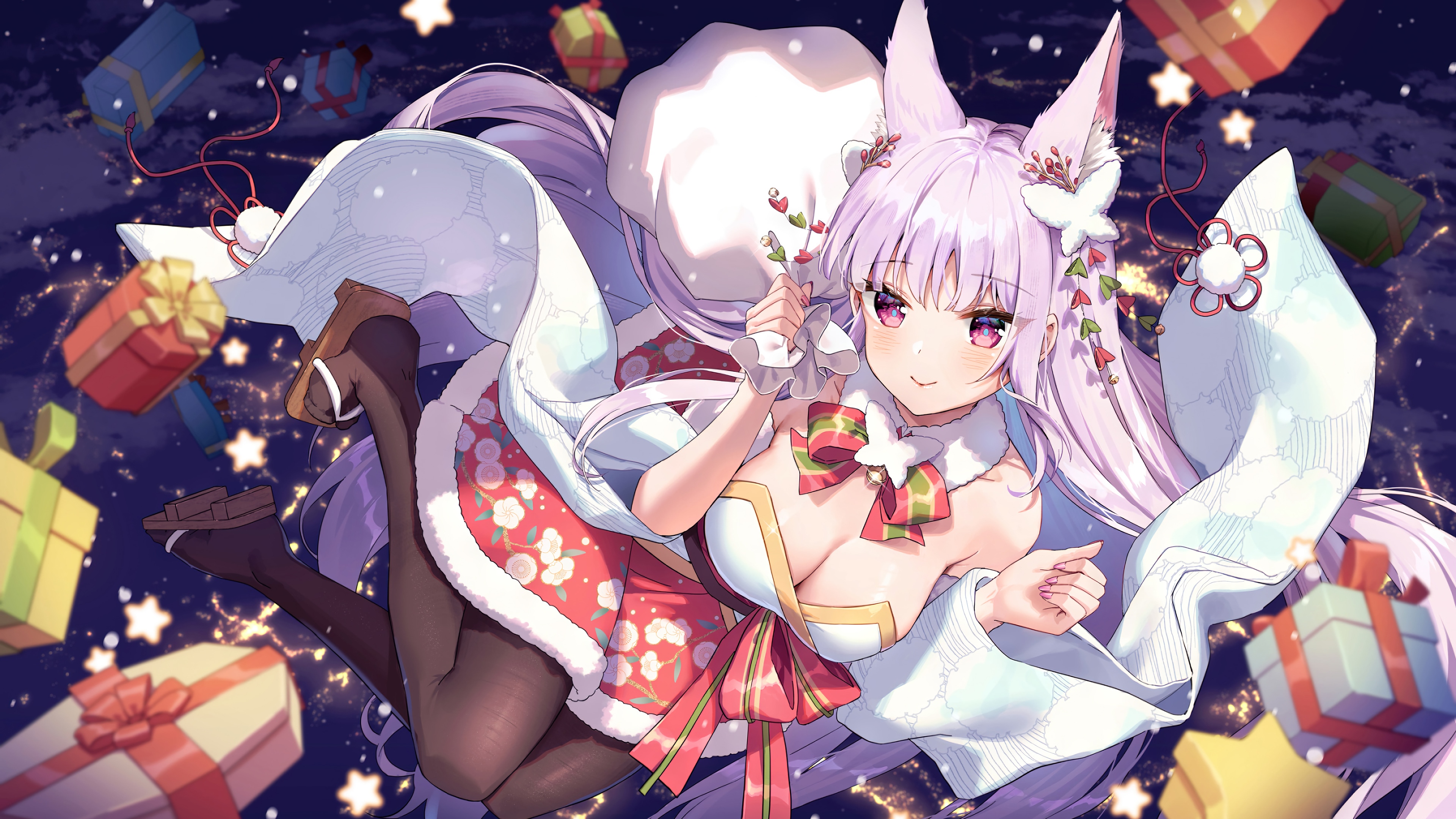 Cute Anime Girl with Fox Ears and Gifts 4K HD Wallpaper