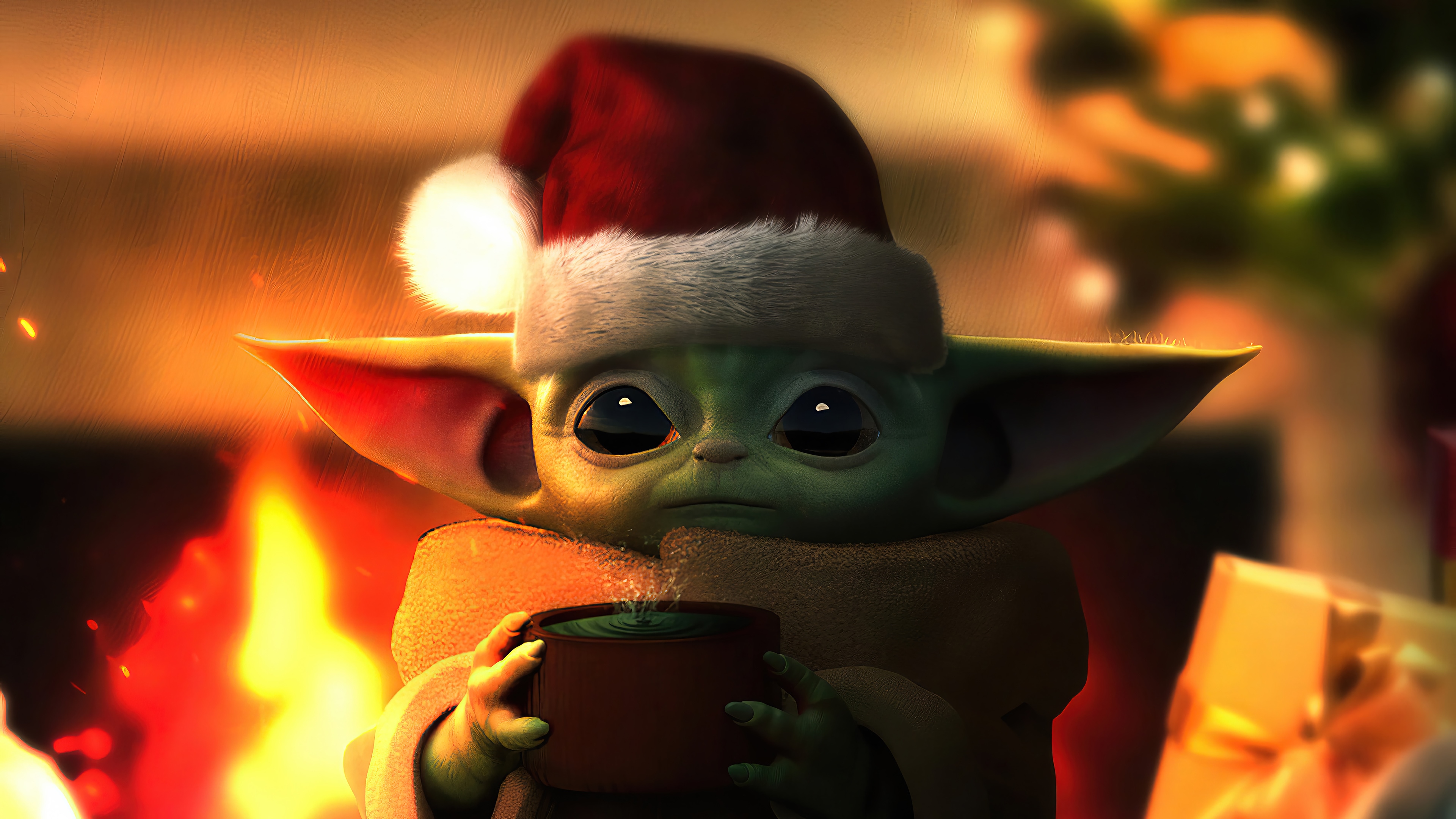 Grogu Wearing Santa Hat Holding a Mug 4K HD Wallpaper