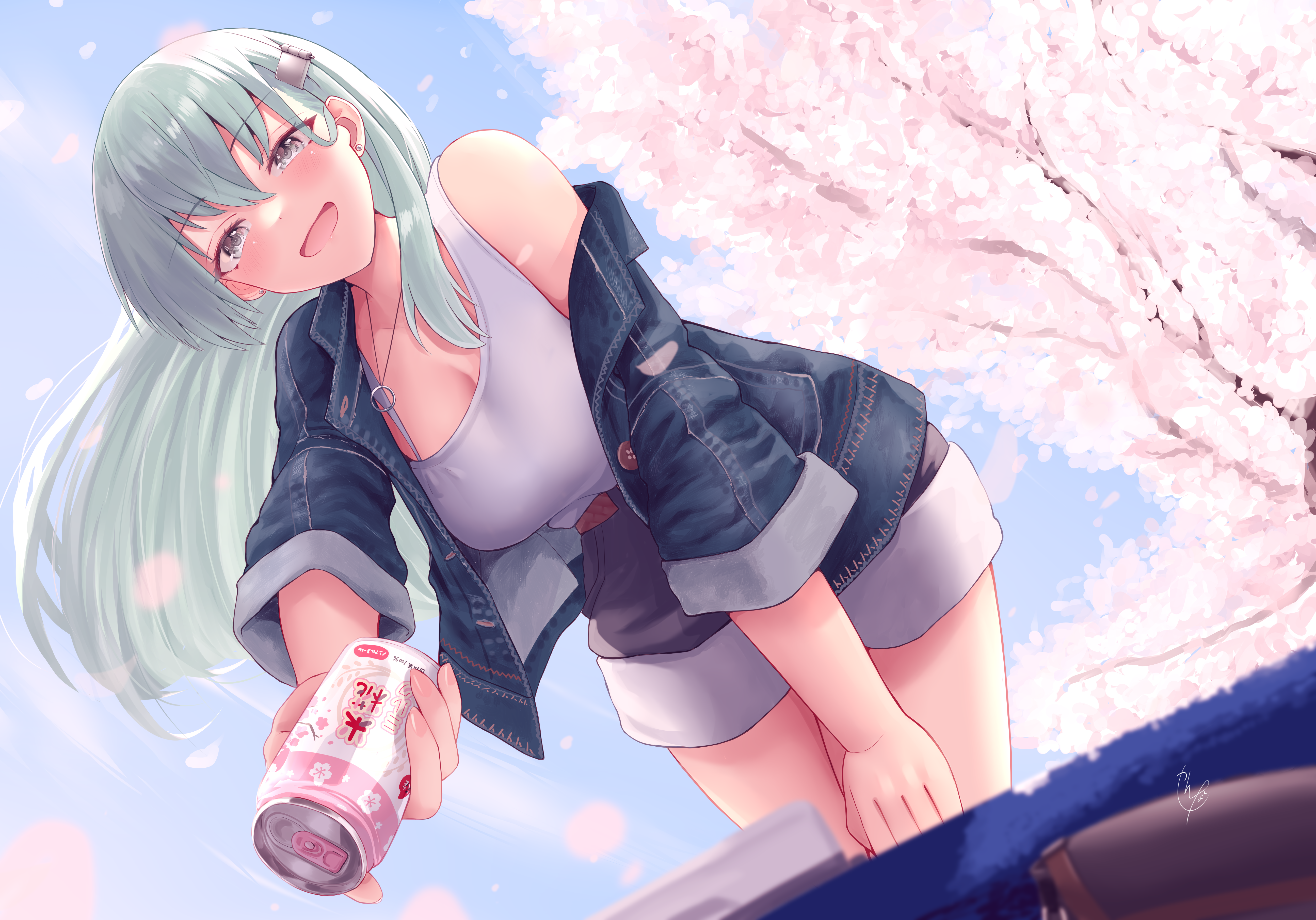 Suzuya (Kancolle) holding a drink under cherry blossoms HD Wallpaper