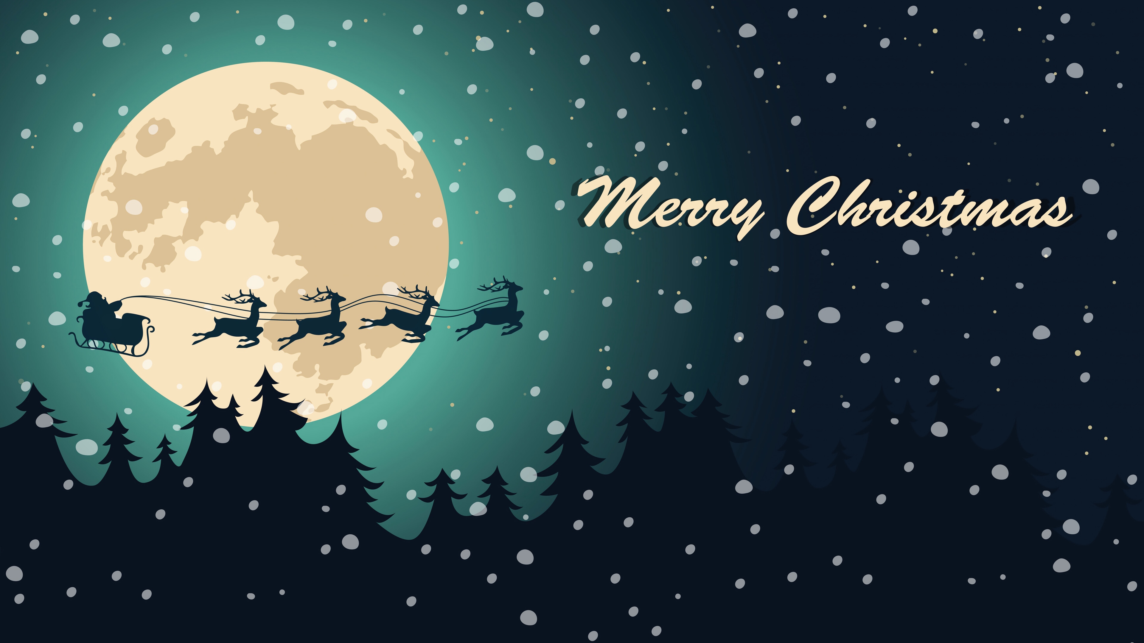 Santa Claus flying with reindeer in front of the moon HD Wallpaper