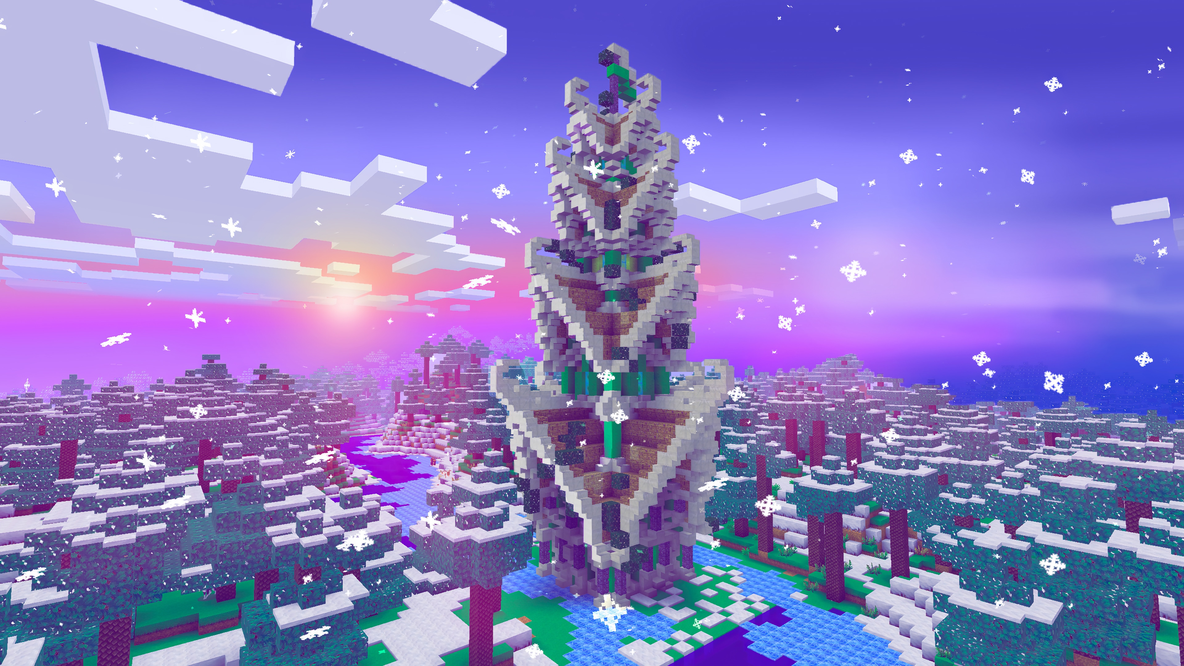 Minecraft 4K Winter Tower with Snowfall HD Wallpaper