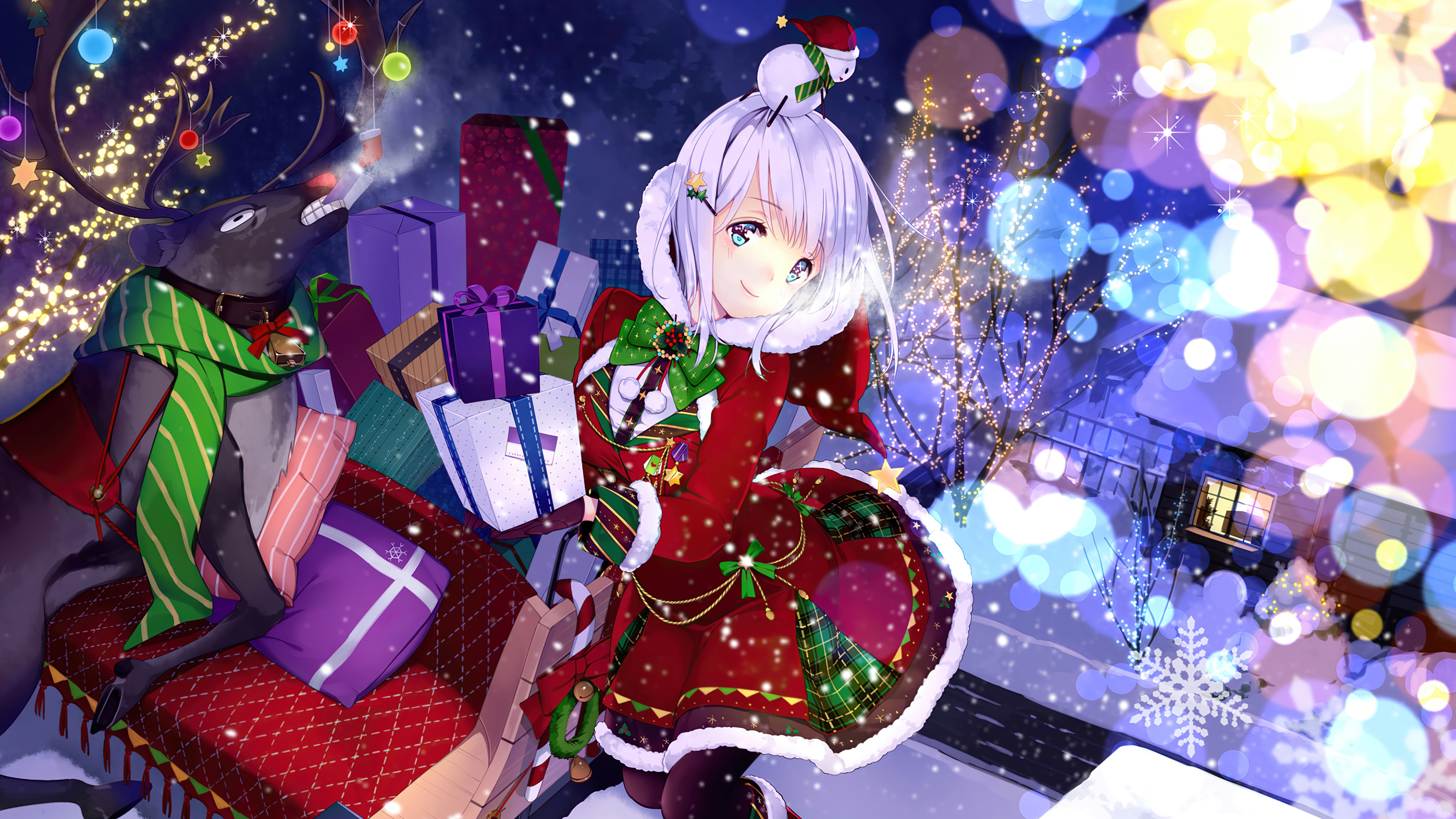 Anime Girl and Reindeer in a Christmas Sleigh with Gifts 4K HD Wallpaper