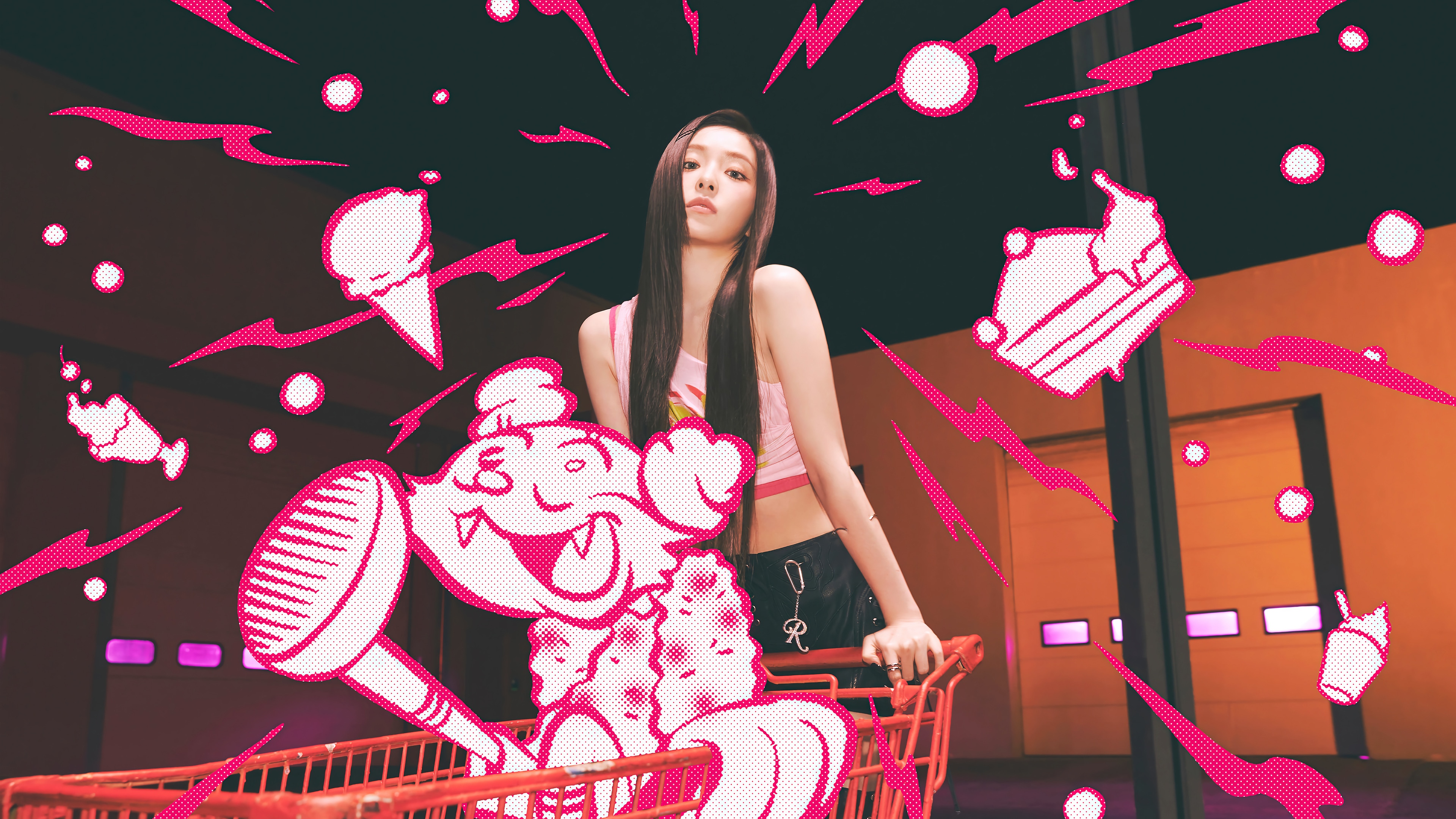 Irene in a shopping cart with cartoon graphics HD Wallpaper
