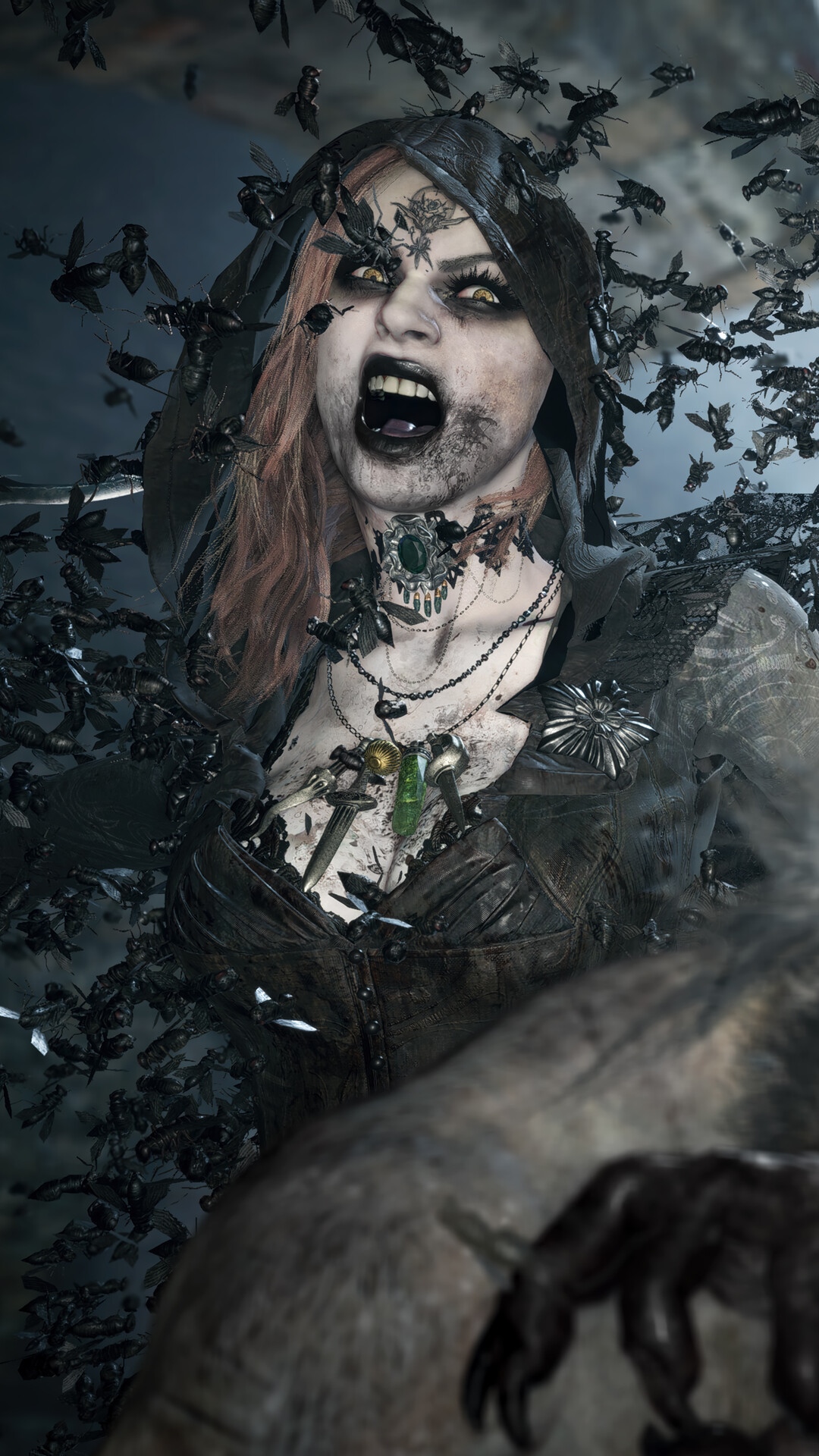 Resident Evil Village: Bela Dimitrescu surrounded by insects HD Phone Wallpaper