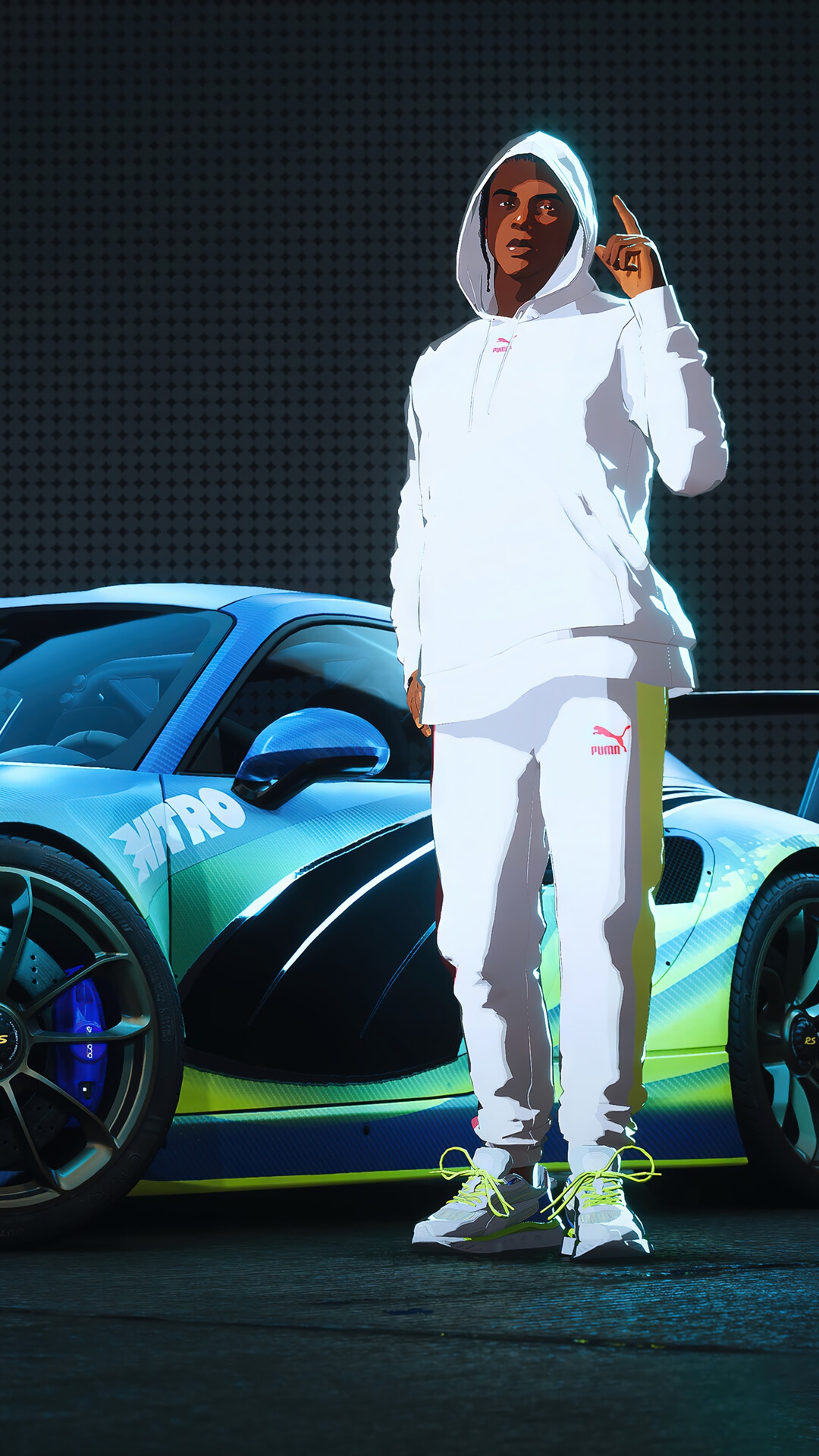 Need for Speed Unbound: Man in Puma Outfit Poses by Sports Car HD Phone Wallpaper