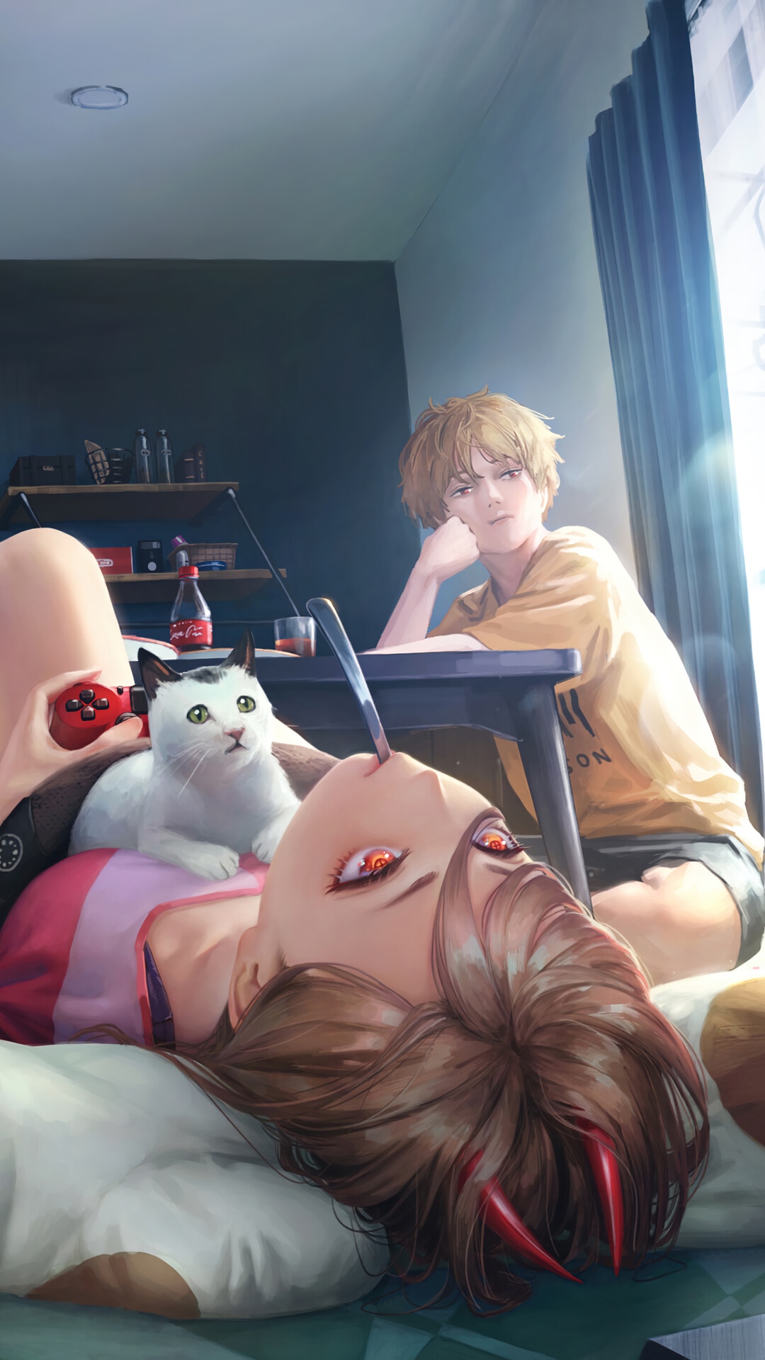 Power and Denji with a cat in an apartment HD Phone Wallpaper