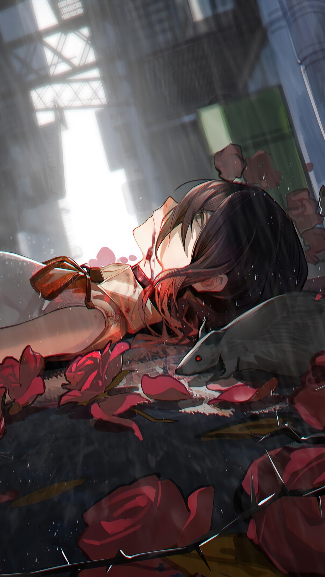 Chainsaw Man: Reze lying in blood with roses and a rat HD Phone Wallpaper