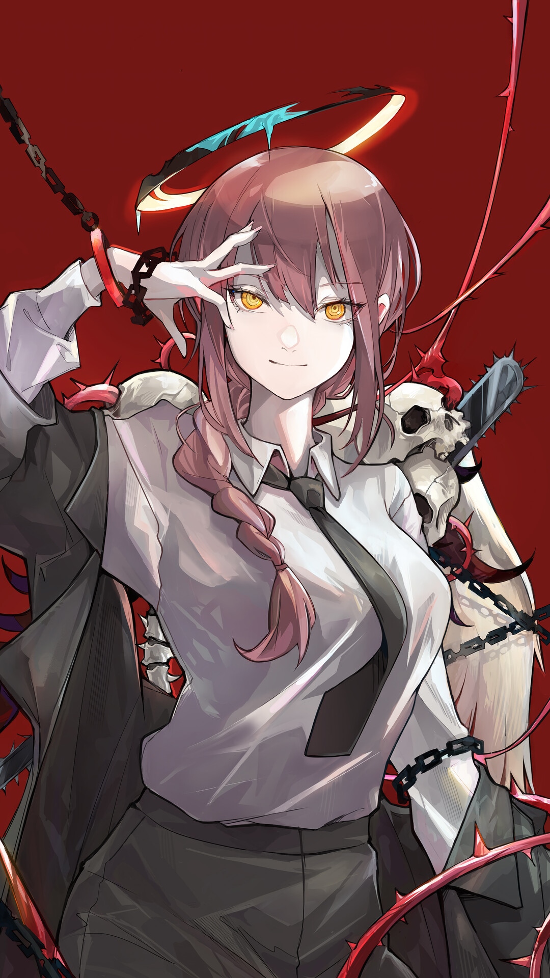 Makima from Chainsaw Man with Chains and Skulls HD Phone Wallpaper