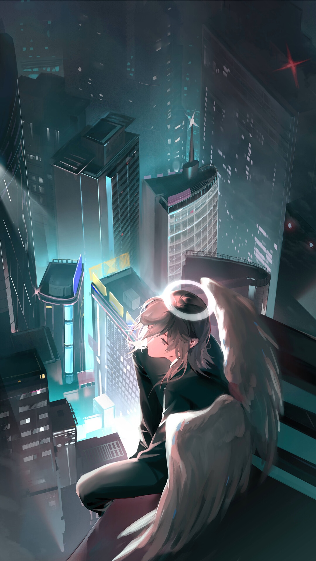 Angel Devil sitting on a building in a city HD Phone Wallpaper
