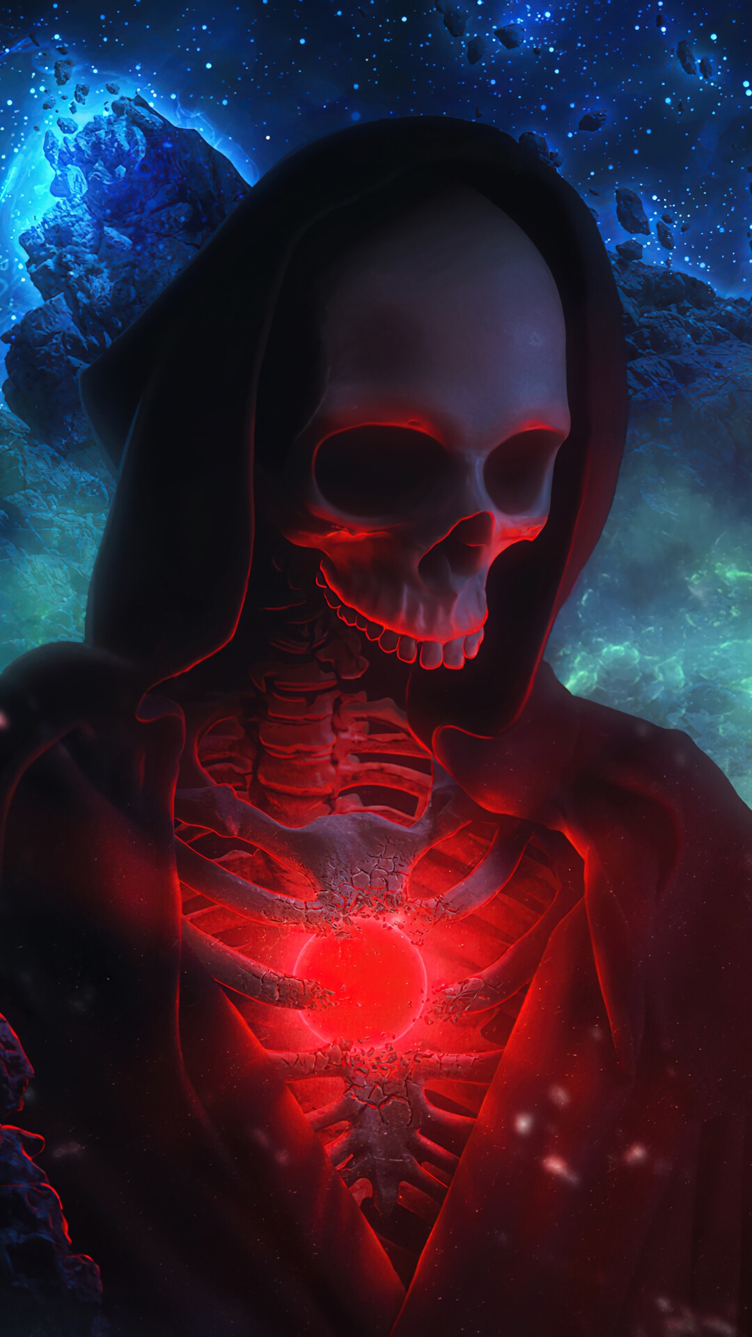 Skeleton with glowing red heart in space HD Phone Wallpaper