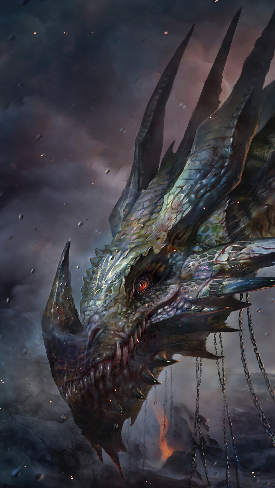Dragon head with chains and fire HD Phone Wallpaper