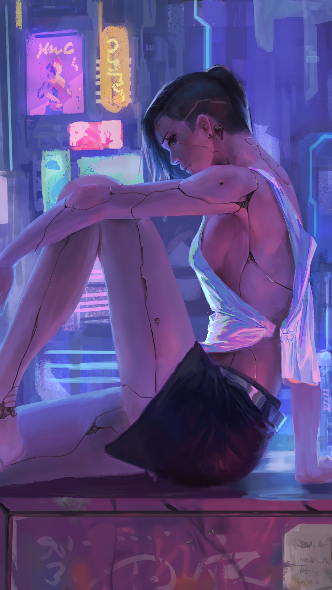 Cyberpunk girl with mechanical limbs in neon city HD Phone Wallpaper