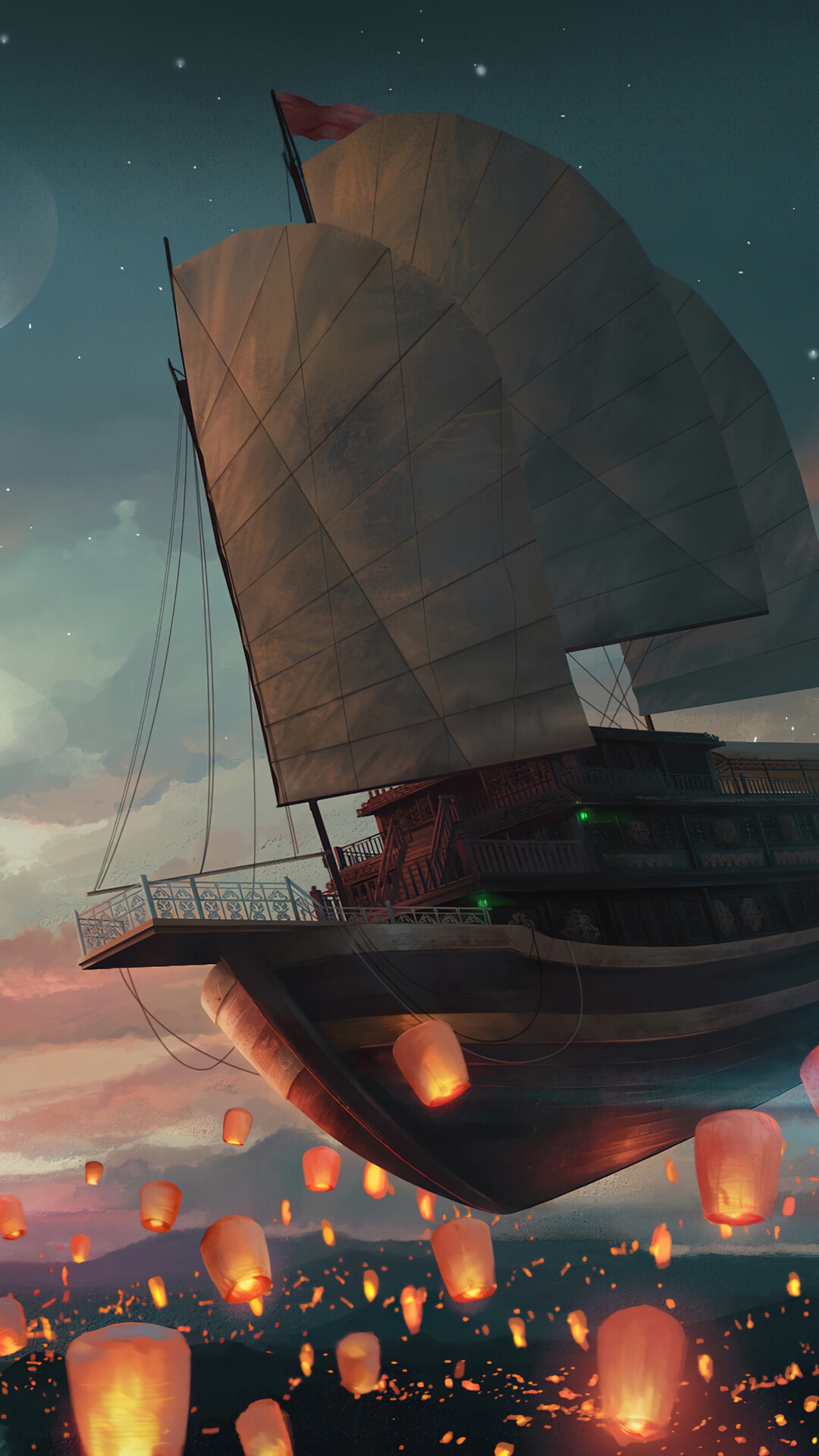 Flying Ship with Sky Lanterns at Dusk HD Phone Wallpaper