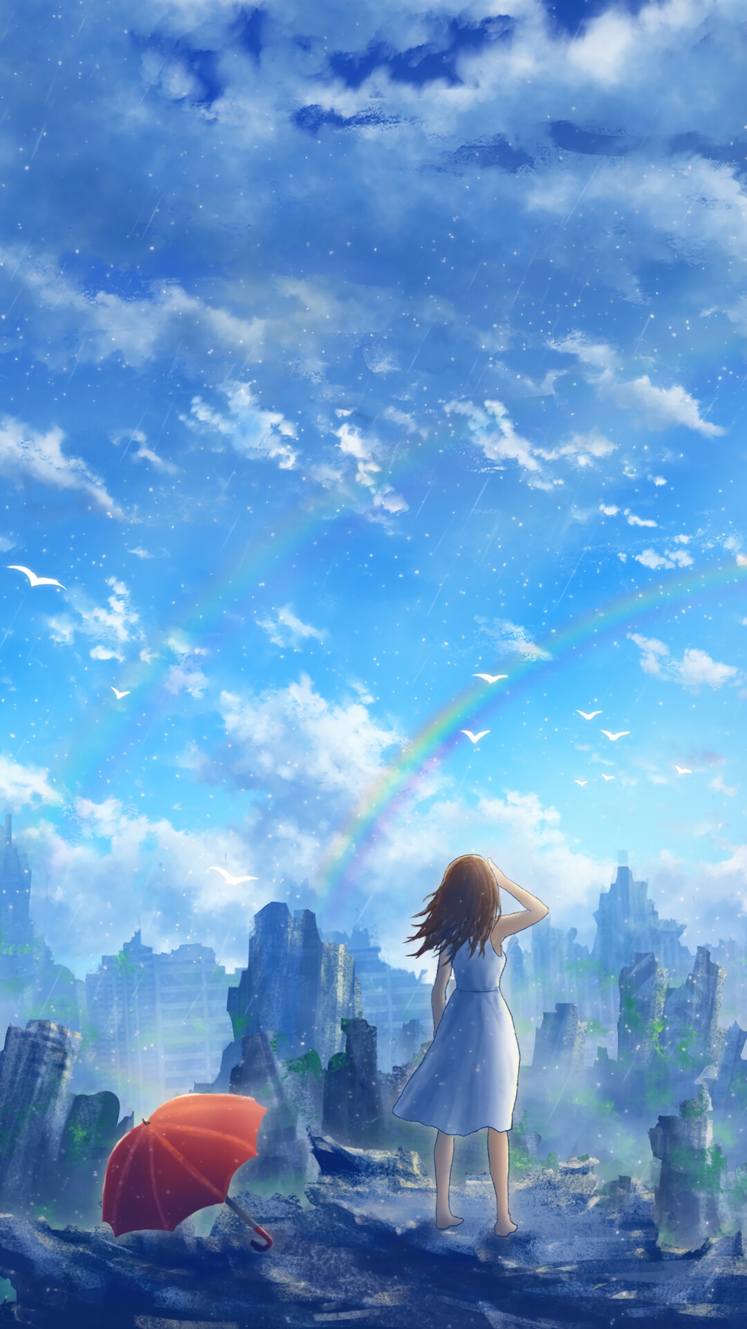 Girl in Ruined City with Rainbow and Umbrella HD Phone Wallpaper