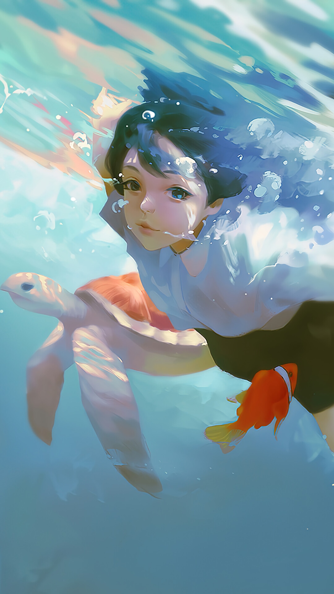 Anime girl swimming with a turtle and clownfish HD Phone Wallpaper