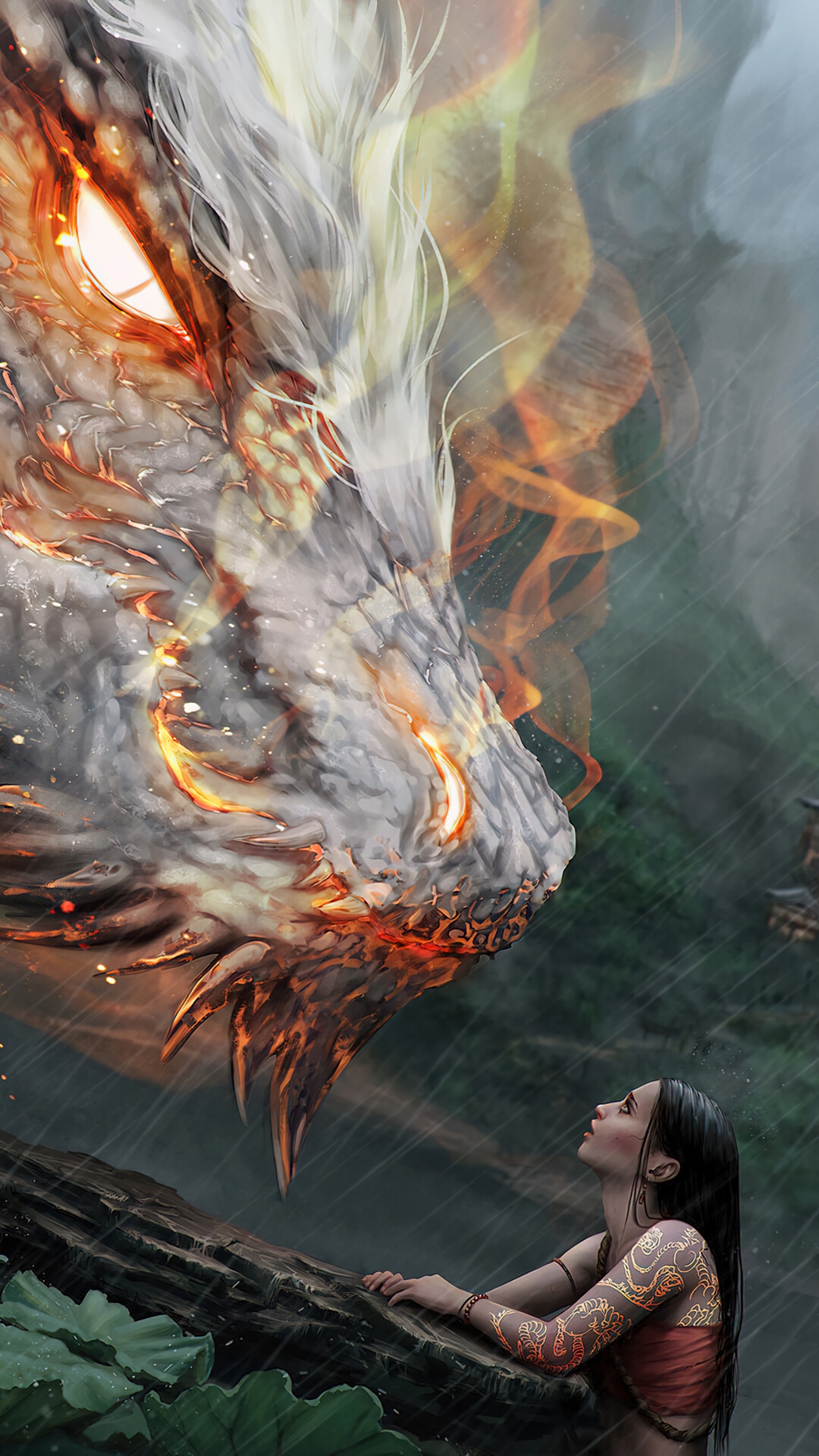 A girl faces a fiery dragon in the rain HD Phone Wallpaper