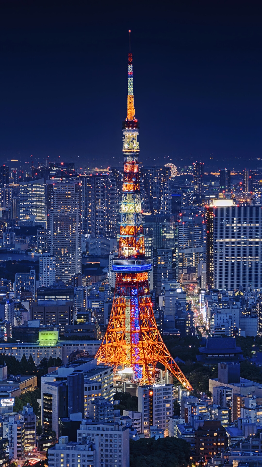 Tokyo Tower illuminated at night with city skyline HD Phone Wallpaper