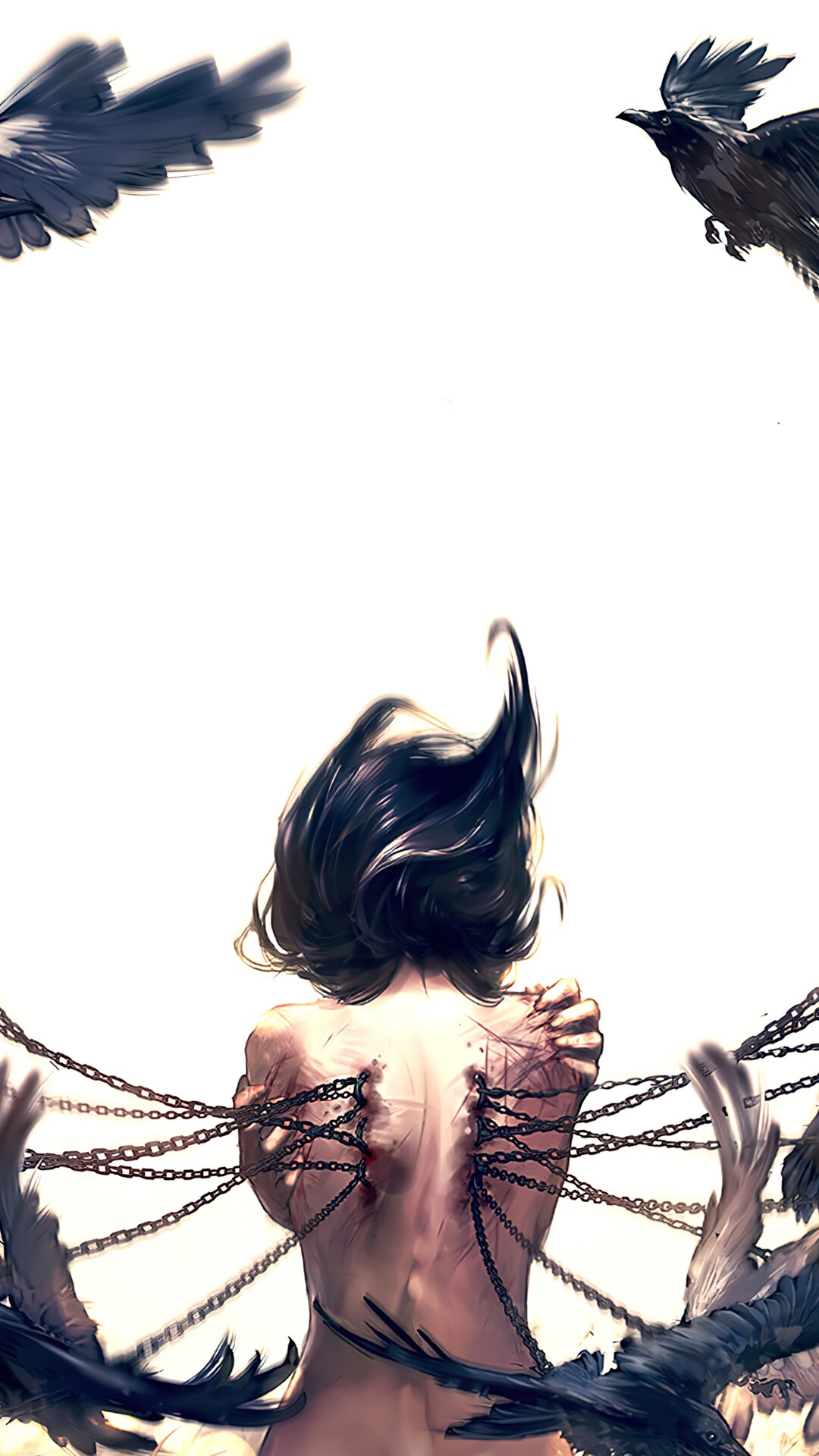 Anime Girl Chained with Birds HD Phone Wallpaper