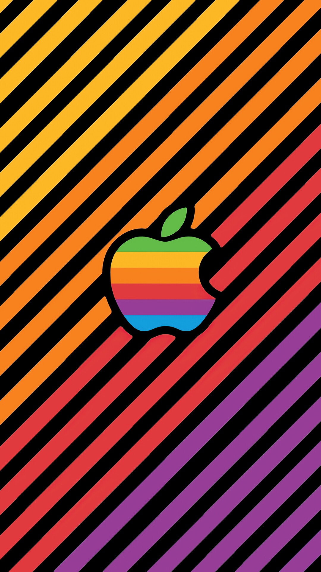 Apple logo with rainbow stripes on a diagonal striped background HD Phone Wallpaper