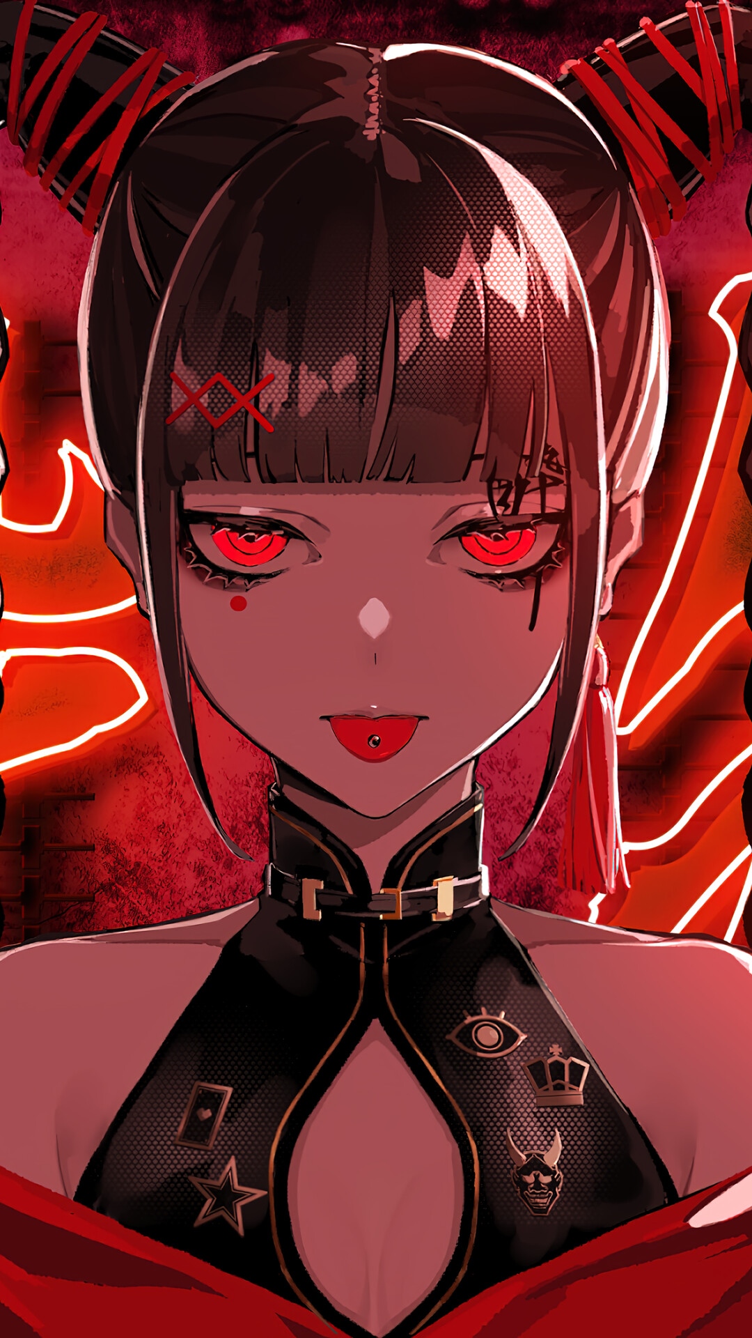 Anime Girl with Red Eyes and Black Hair HD Phone Wallpaper
