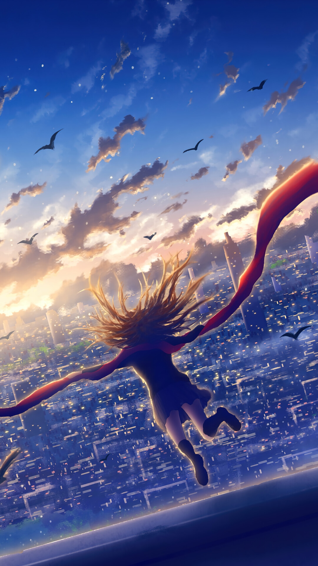 Anime girl flying over a city at sunrise HD Phone Wallpaper