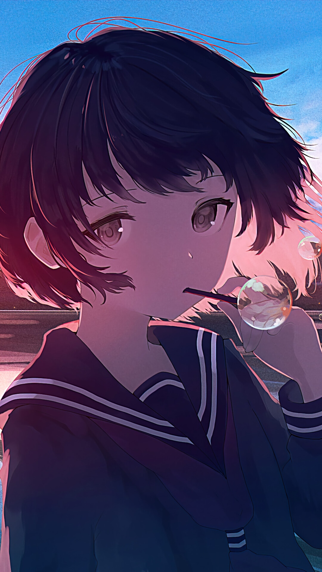 Anime girl in school uniform blowing bubbles at sunset HD Phone Wallpaper