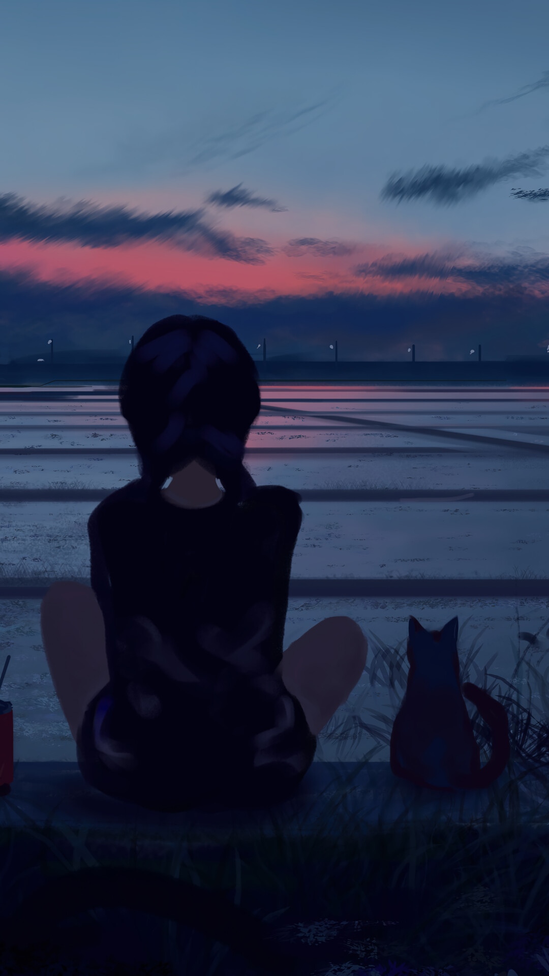 Anime girl and cat watch the sunset HD Phone Wallpaper