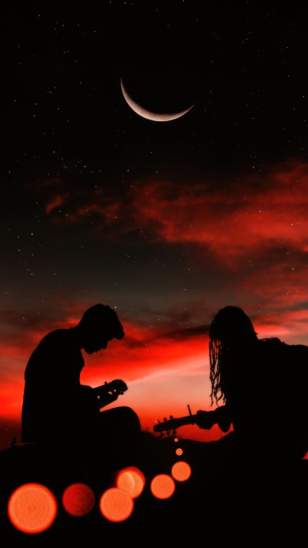 Two people playing guitar under a crescent moon HD Phone Wallpaper