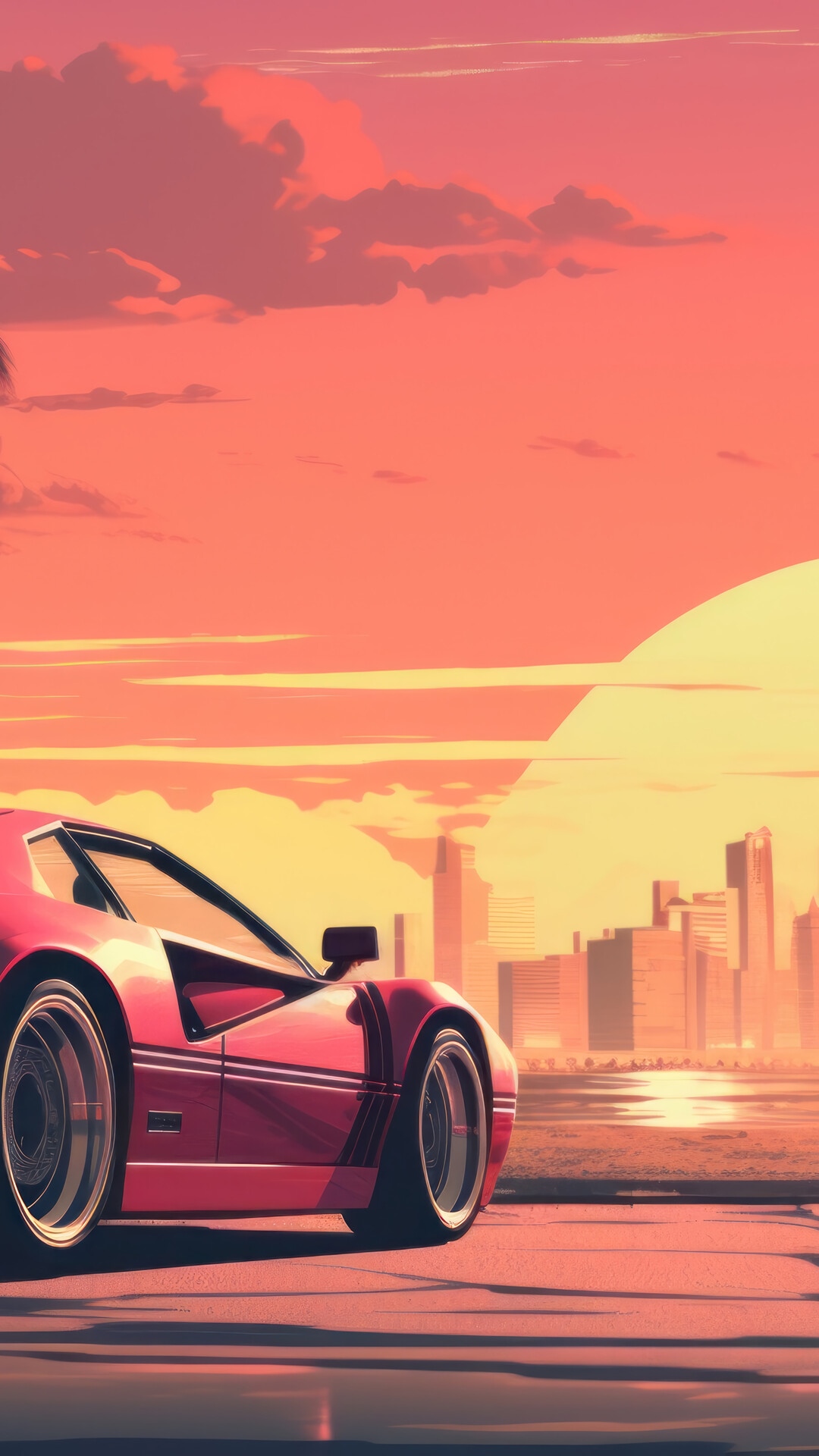 Red Sports Car at Sunset with City Skyline HD Phone Wallpaper