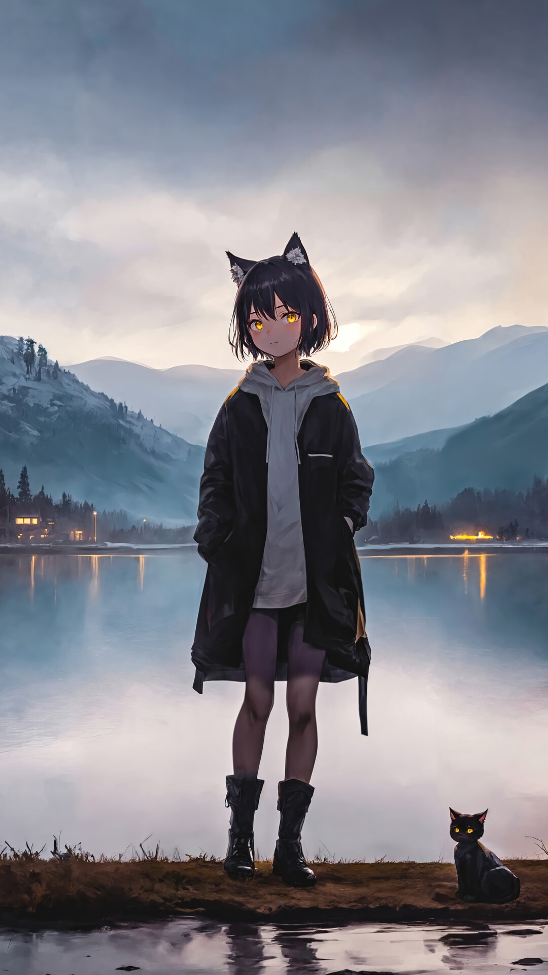 Anime Girl with Cat Ears by a Lake HD Phone Wallpaper