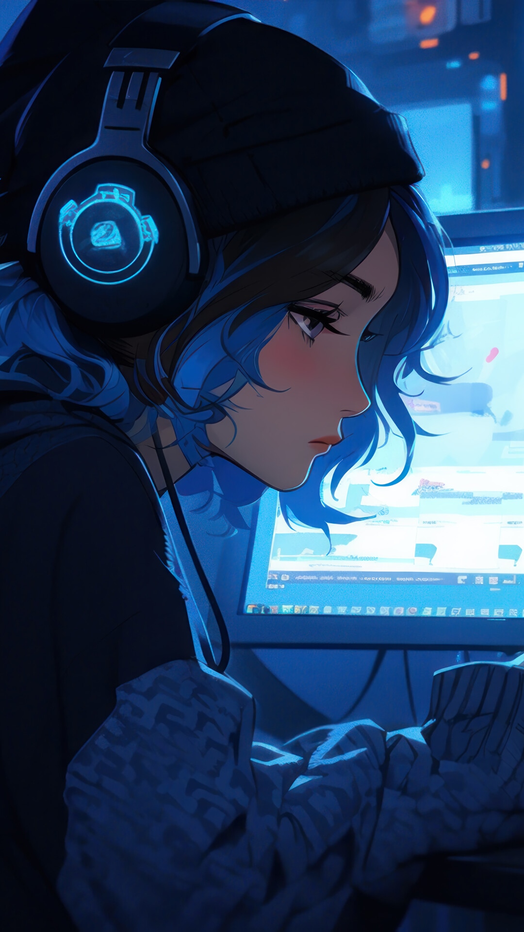 Anime girl with blue hair wearing headphones at a computer HD Phone Wallpaper