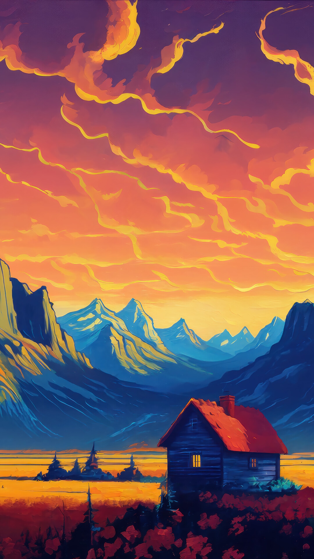 Digital painting of a cabin in the mountains at sunset HD Phone Wallpaper