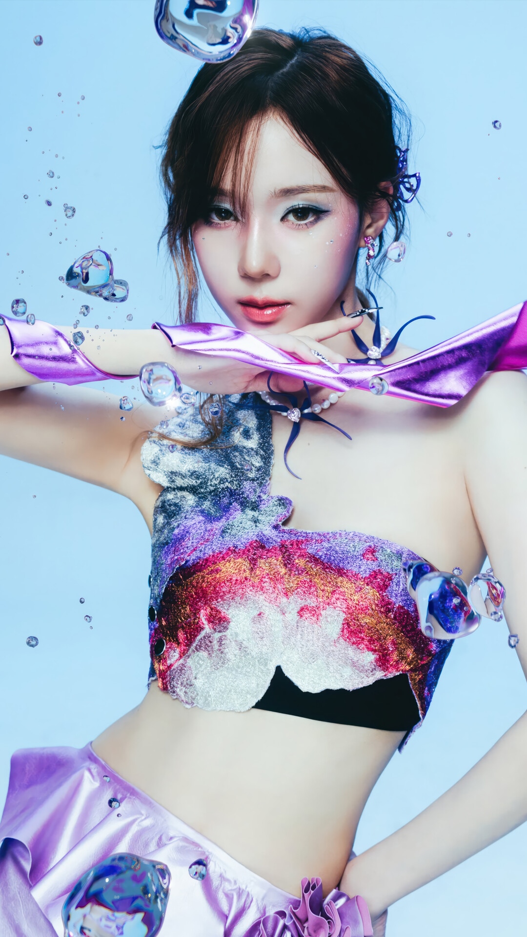 Winter from Aespa in a purple outfit with water elements HD Phone Wallpaper