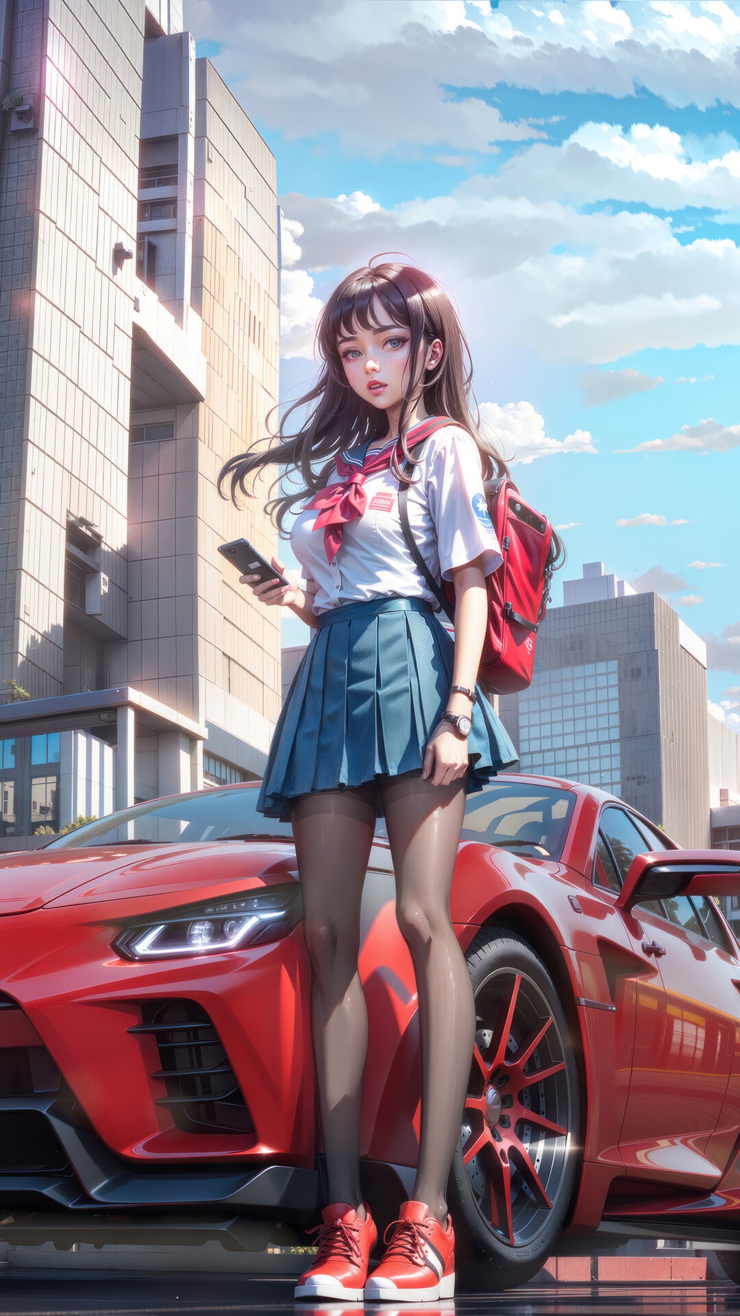 Anime Girl with Red Sports Car HD Phone Wallpaper