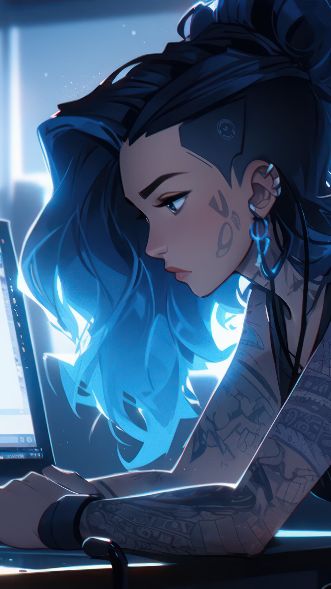 Tattooed woman with blue hair using a computer HD Phone Wallpaper