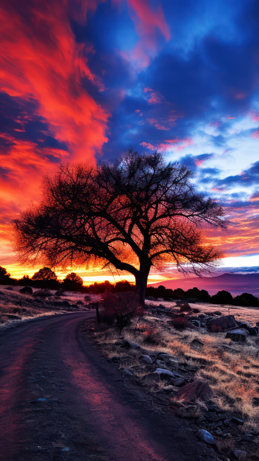 Sunset over a barren landscape with a lone tree HD Phone Wallpaper