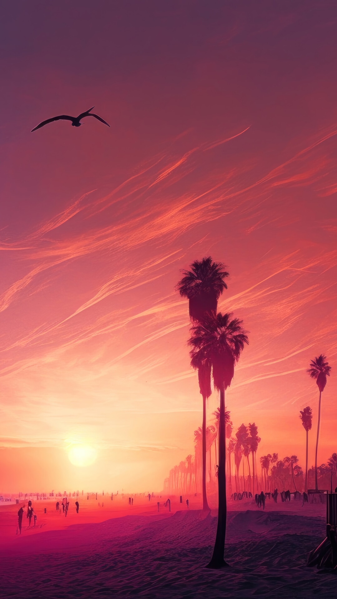 Sunset over a beach with palm trees and people HD Phone Wallpaper