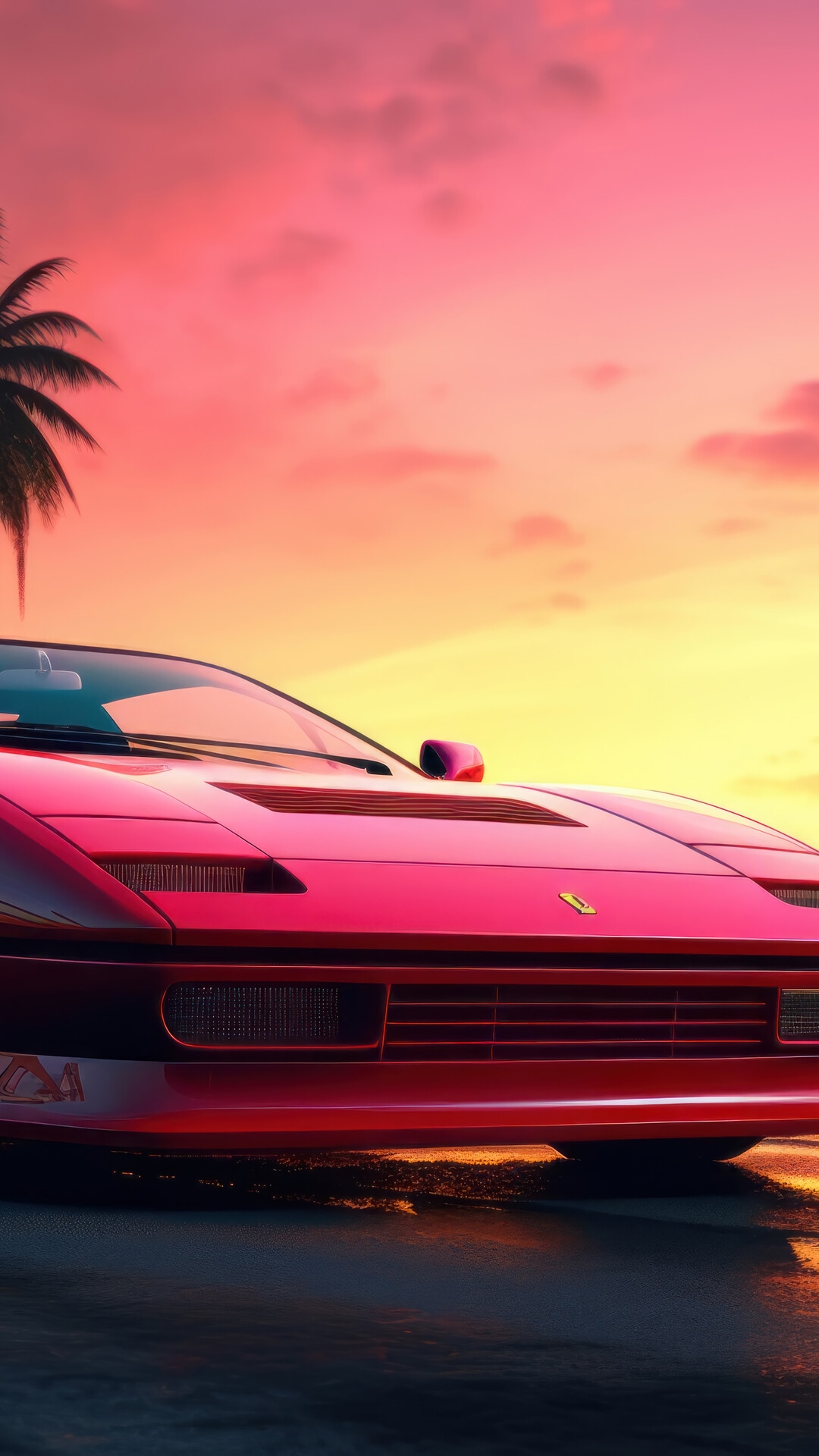 Red Ferrari sports car at sunset with palm trees HD Phone Wallpaper