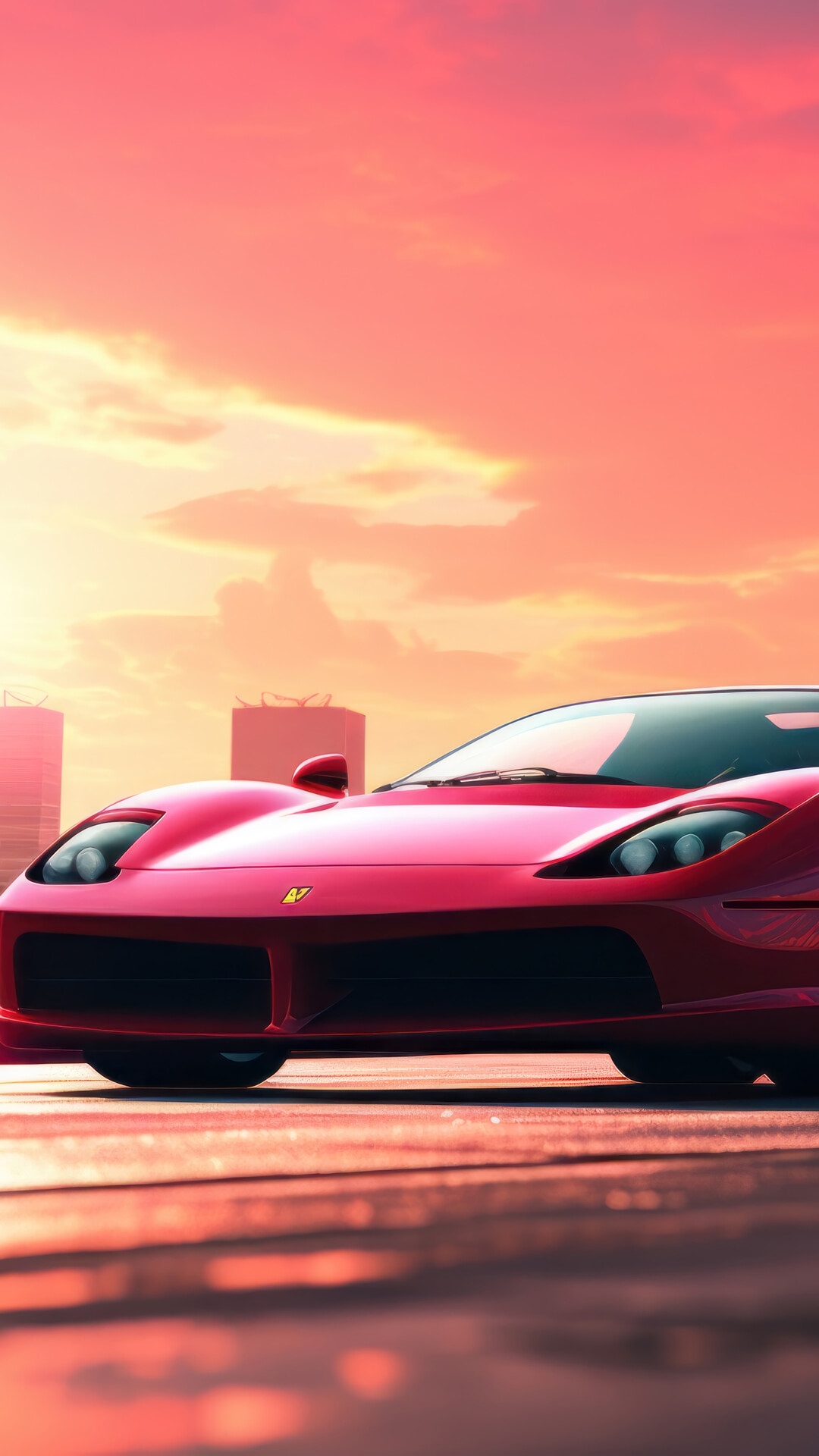 Red Ferrari sports car at sunset HD Phone Wallpaper