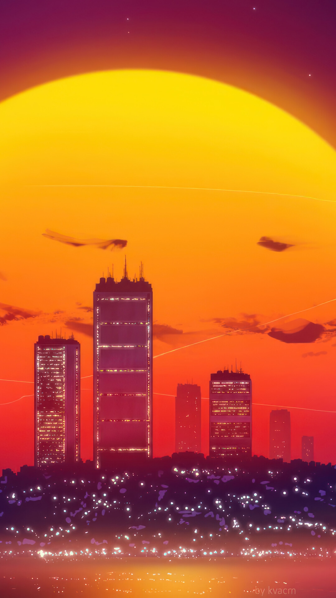 Cityscape at Sunset with a Large Sun HD Phone Wallpaper