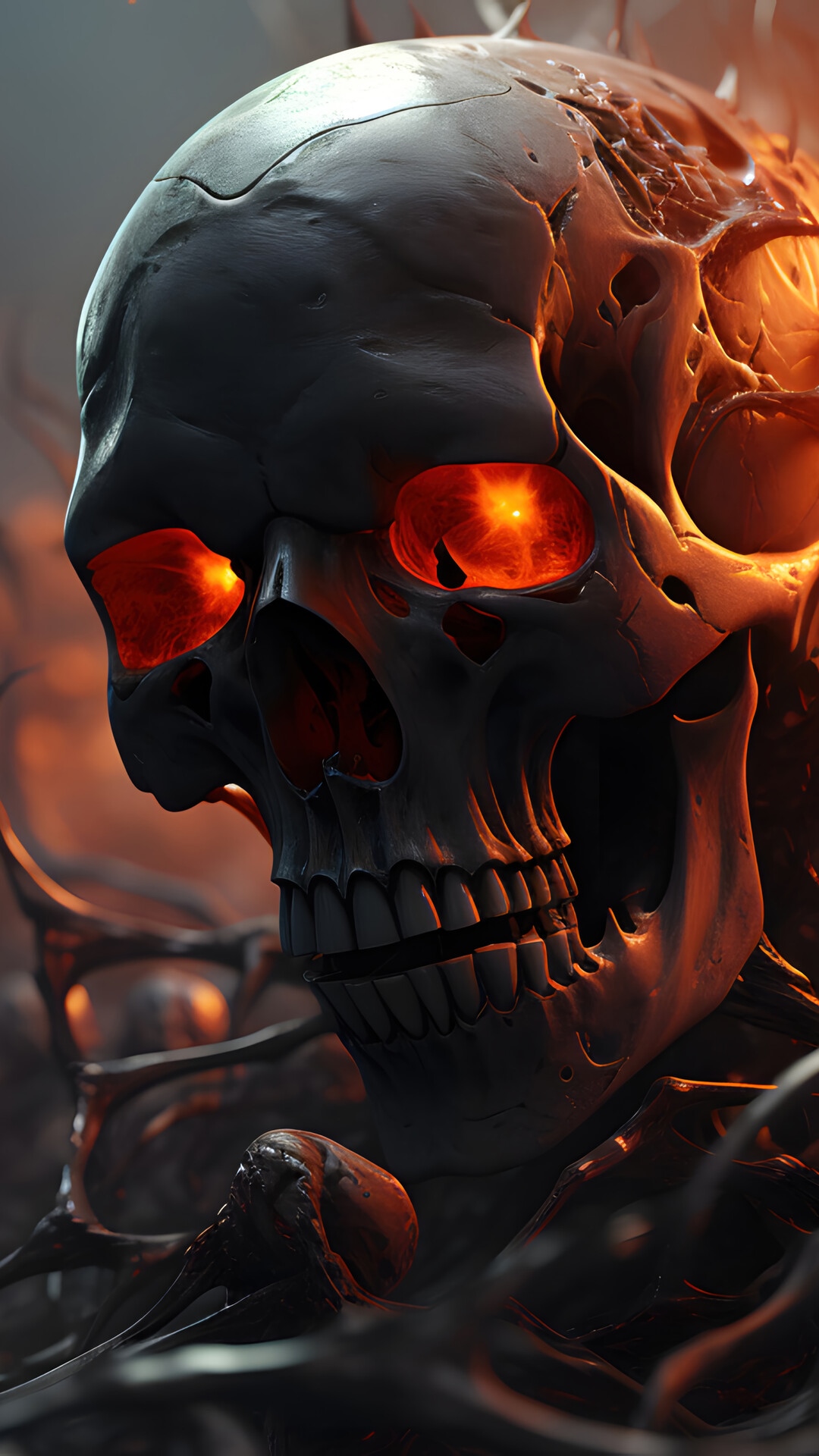 Digital Art of a Demonic Skull with Fiery Eyes HD Phone Wallpaper