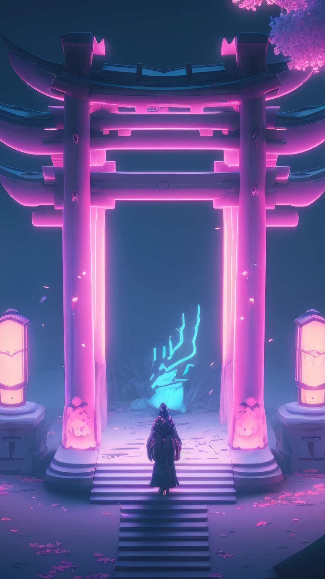 Person in a robe walks through a neon Torii gate at night HD Phone Wallpaper