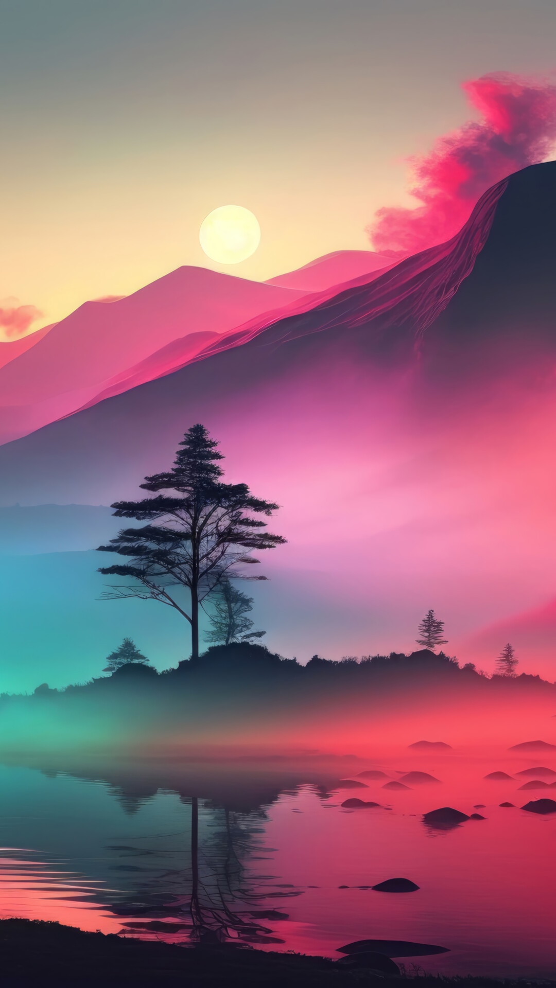Misty Mountains and Lake at Sunset HD Phone Wallpaper