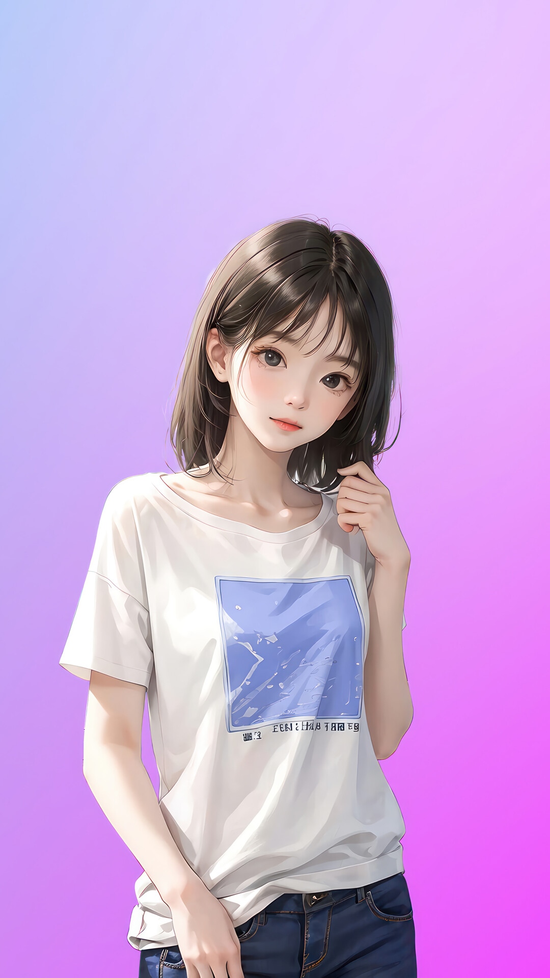 Cute Anime Girl in White T-shirt and Jeans HD Phone Wallpaper
