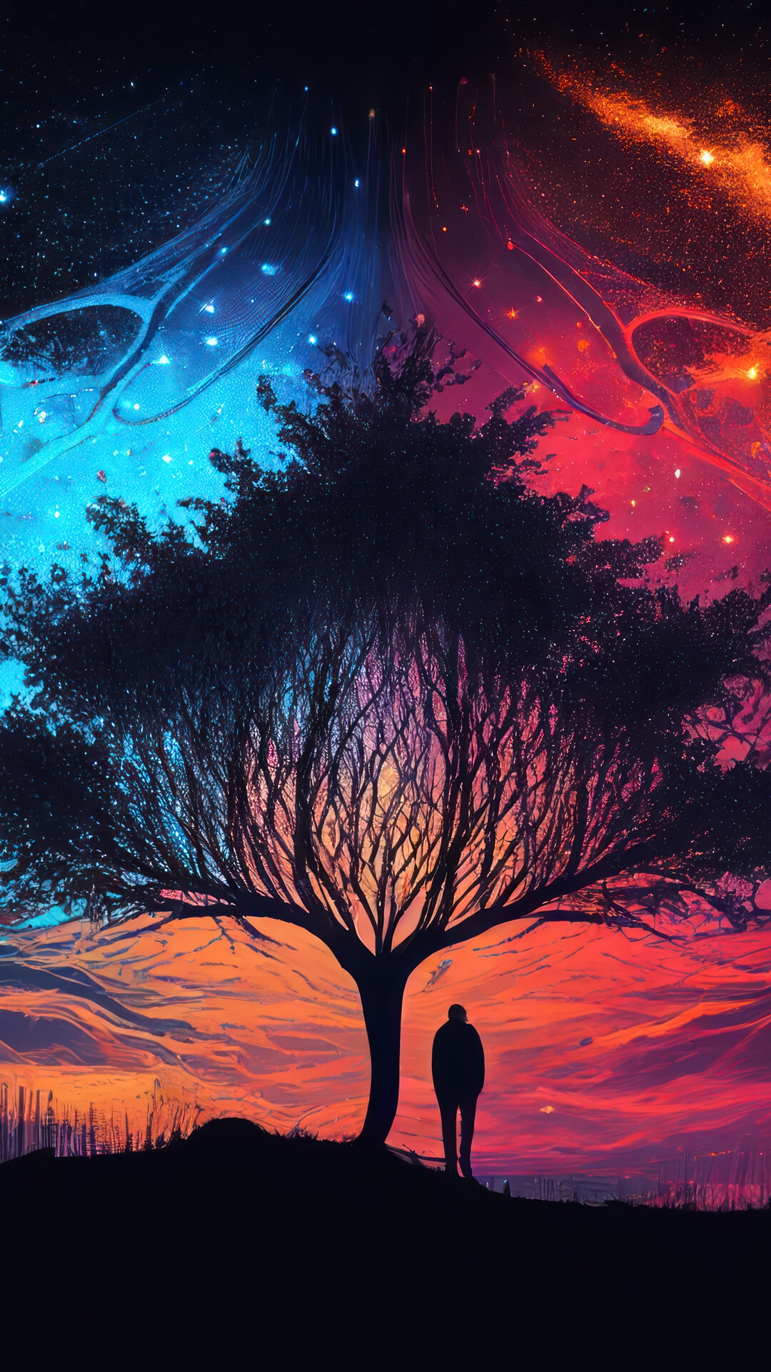 Silhouette of a person under a tree with a colorful cosmic sky HD Phone Wallpaper