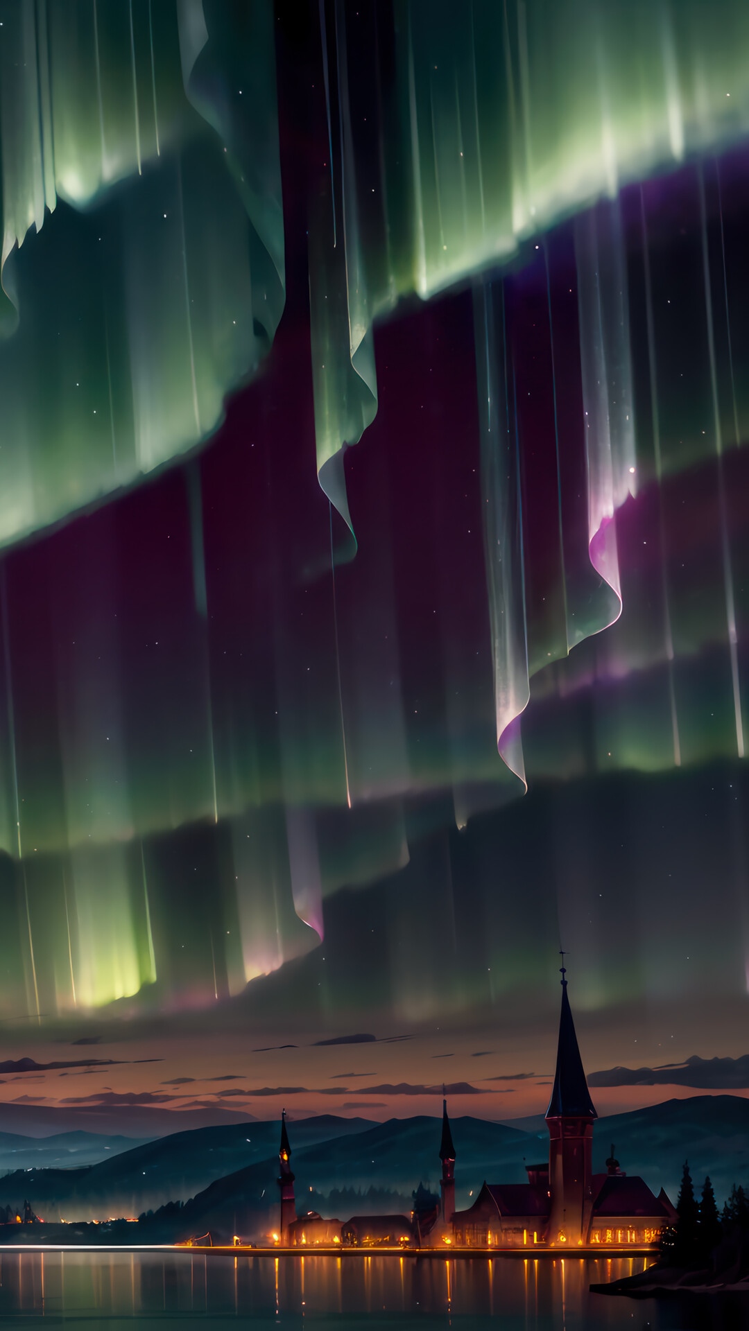 Aurora Borealis over a Lakeside Town HD Phone Wallpaper