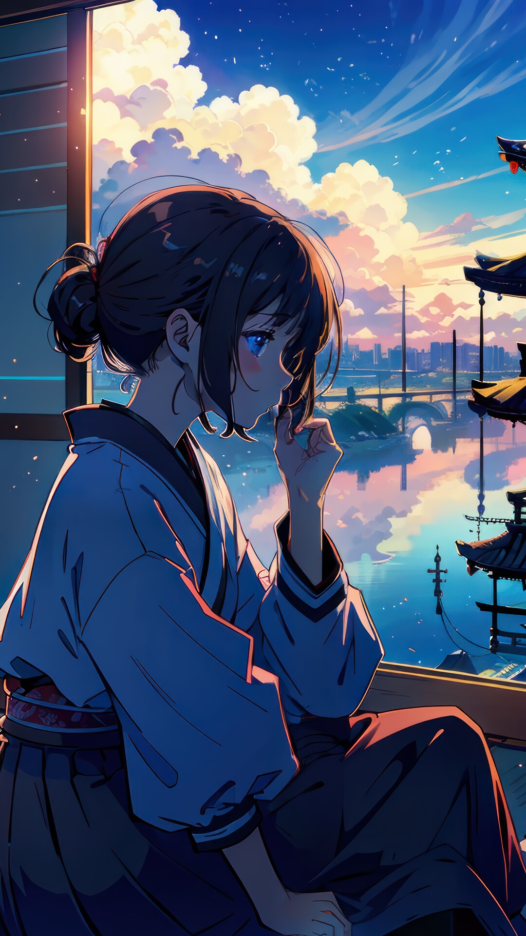 Anime girl in kimono looking out a window at a cityscape HD Phone Wallpaper