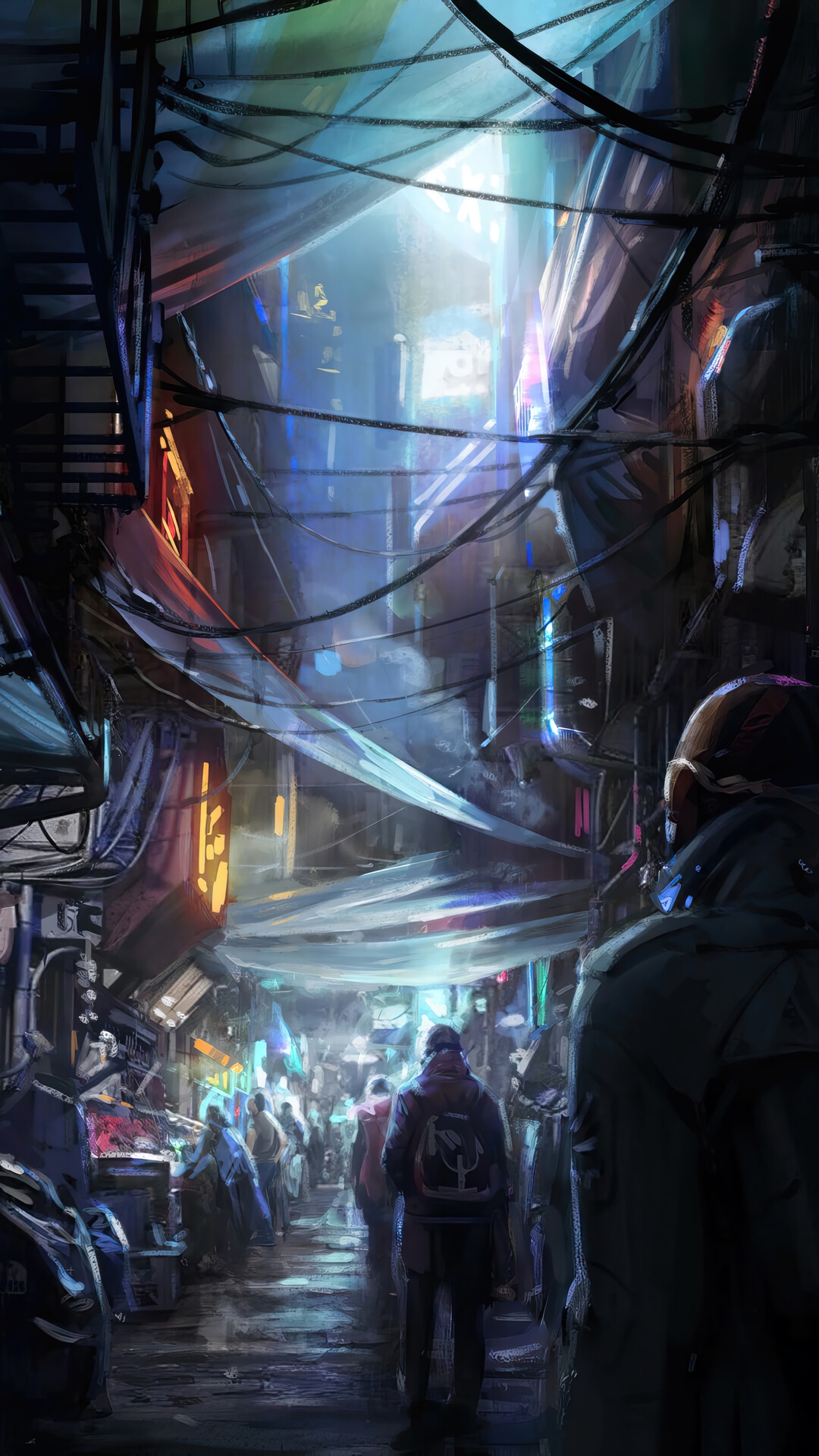 Cyberpunk alley market with people and neon lights HD Phone Wallpaper